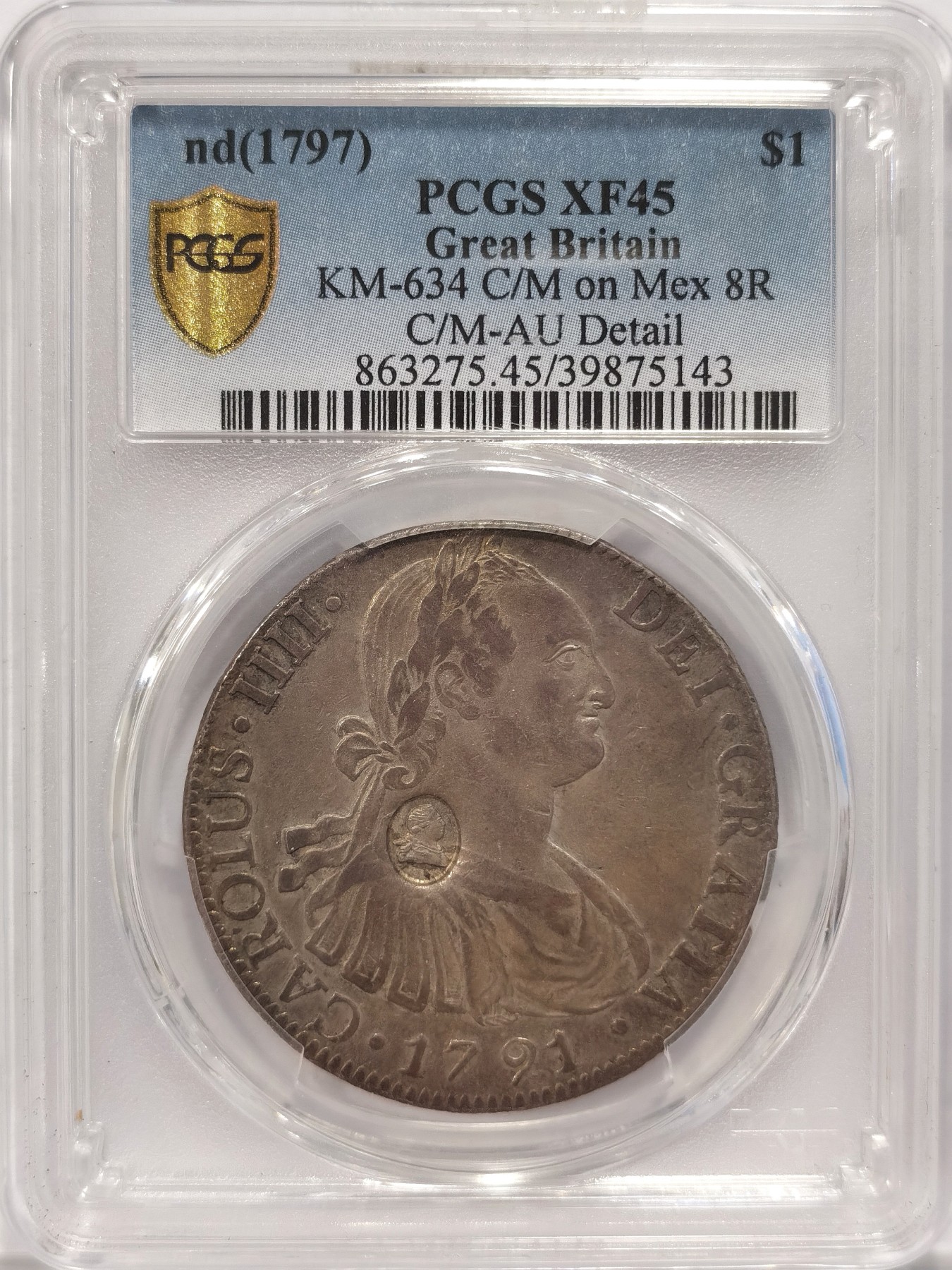 博洋堂“纯白金之夜”精品专场暨第039期（全场包邮） PCGS XF45 英国1797年乔治三世加盖墨西哥卡四双柱8R，难得加盖在1791年卡四首年