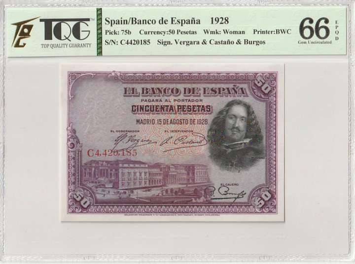 收藏联盟Quantum Auction 第281期拍卖  西班牙1928年50比塞塔 TQG66 标注为EPQD(原始纸张有瑕疵)