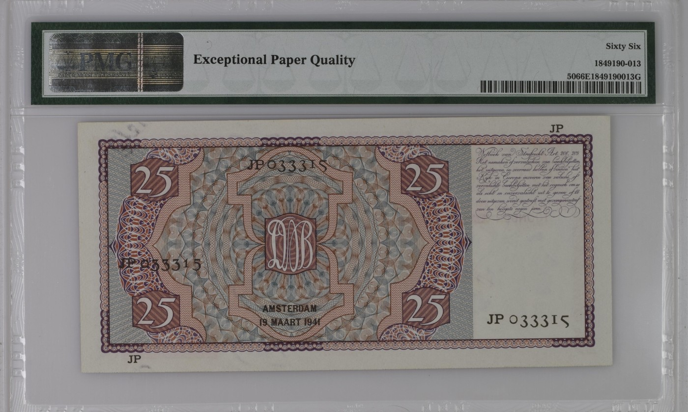 收藏联盟Quantum Auction 第281期拍卖  荷兰1931-41年25盾 PMG66 