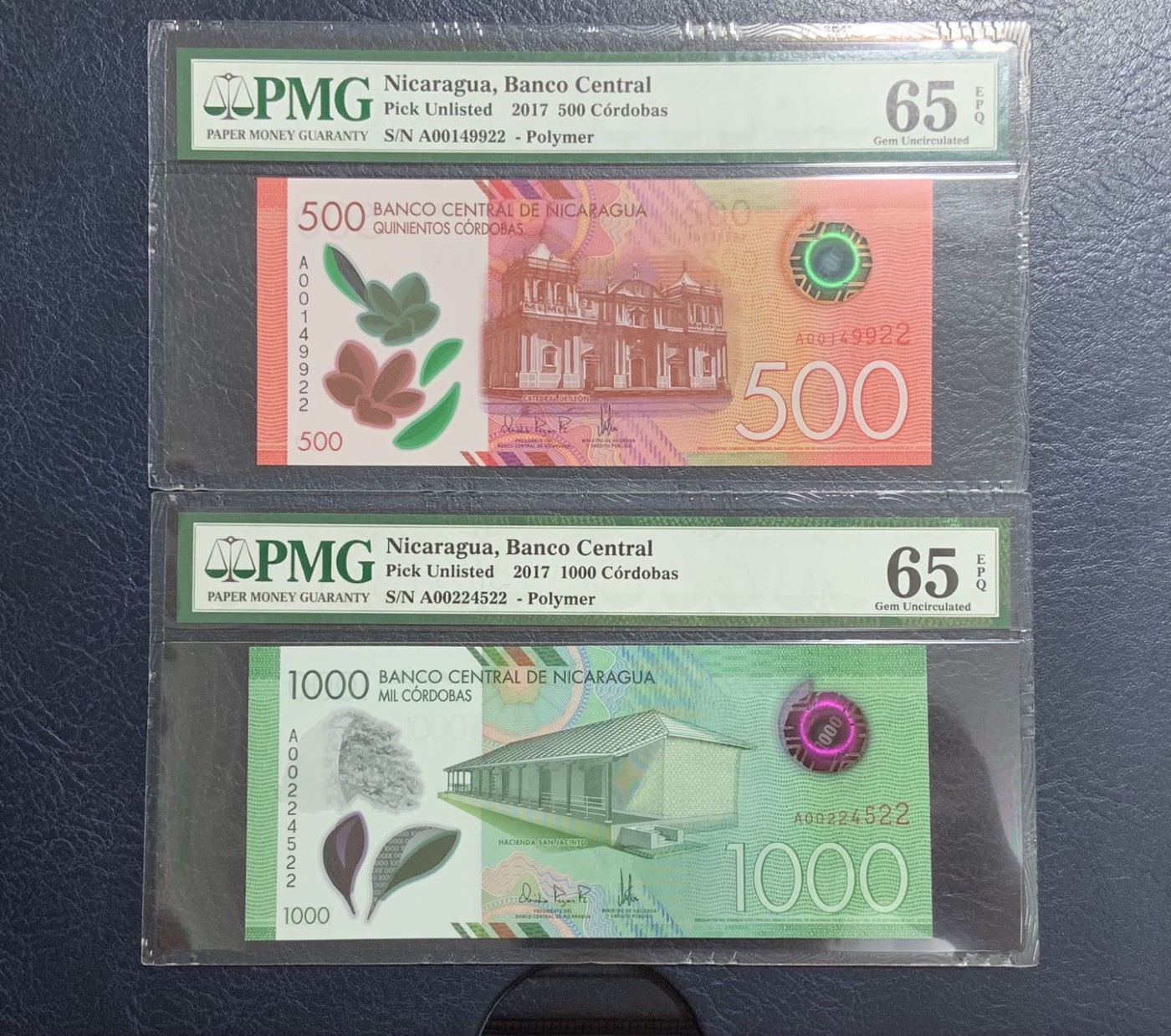 收藏联盟Quantum Auction 第281期拍卖  尼加拉瓜2017年500和1000科多巴尾二同首发A冠 PMG65 默默汤博火山