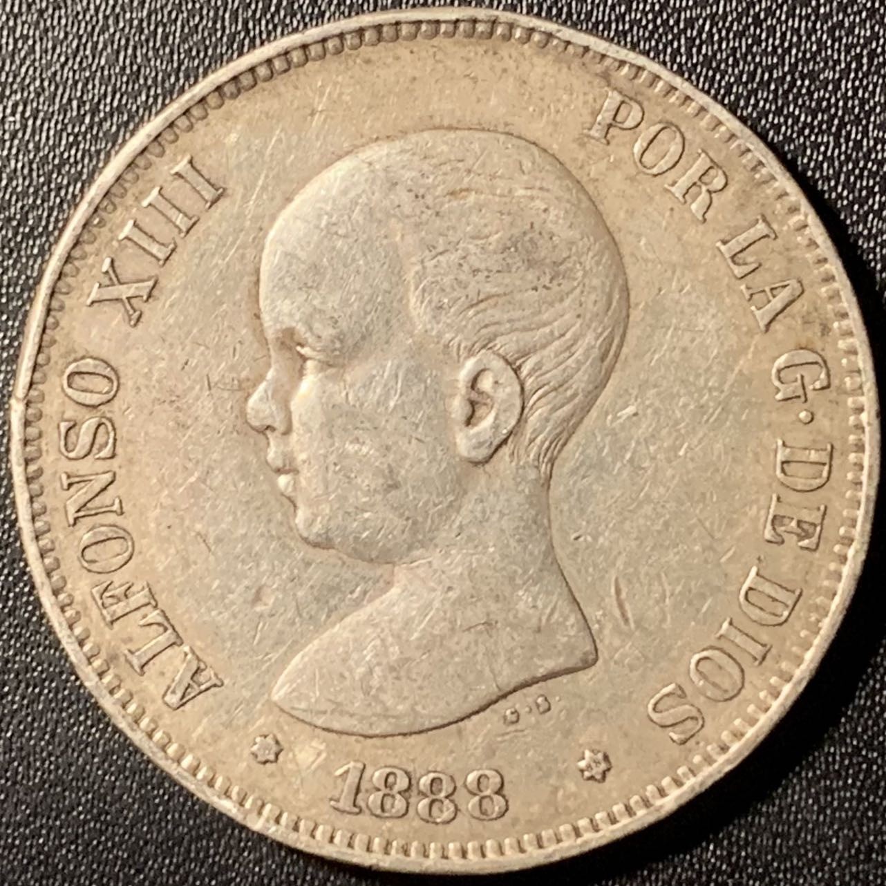 紫瑗钱币——第315期拍卖 西班牙 1888年 阿方索十三世 婴儿头 5比塞塔 25克 0.9银 吉祥年