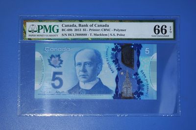港、澳、台、中外钞、流水签、机签、箱包单、靓号专场第24期 - 加拿大2013年5元塑料钞 靓号 大象号 HCL7888888 PMG66分一张/如图