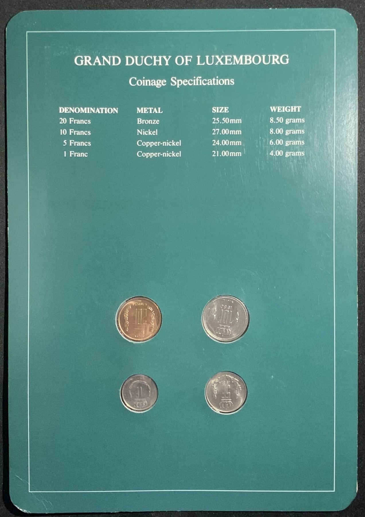 紫瑗钱币——第294期拍卖 卢森堡 富兰克林卡装 1—20法郎 4枚全套 UNC