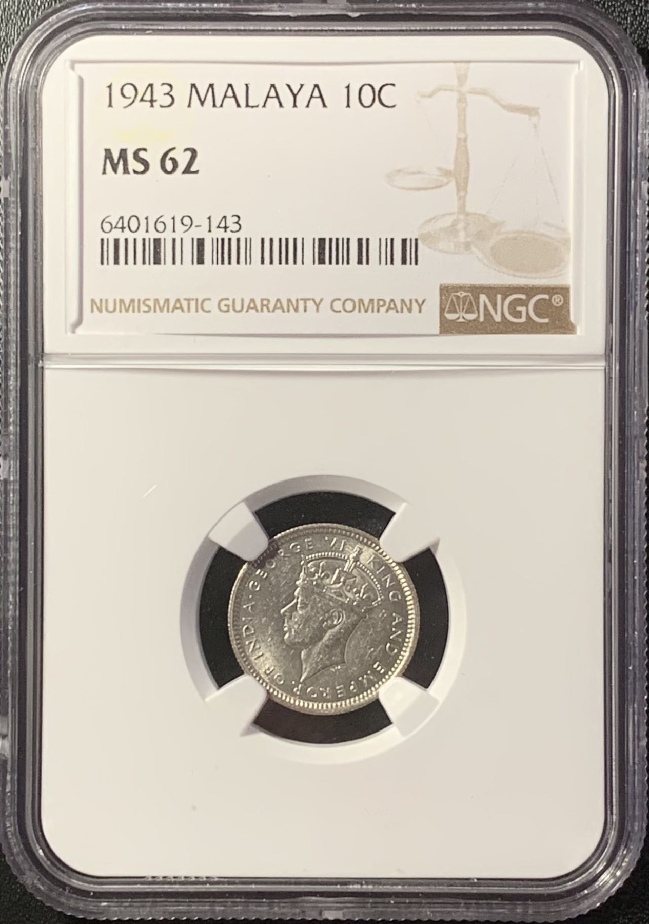 紫瑗钱币——第294期拍卖 马来亚 1943年 乔治六世 10分 银币 NGC MS62