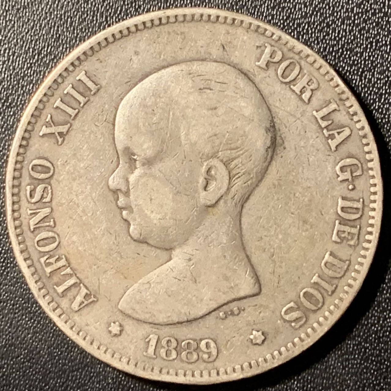 紫瑗钱币——第294期拍卖 西班牙 1889年 阿方索十三世 婴儿头 5比塞塔 25克 0.9银