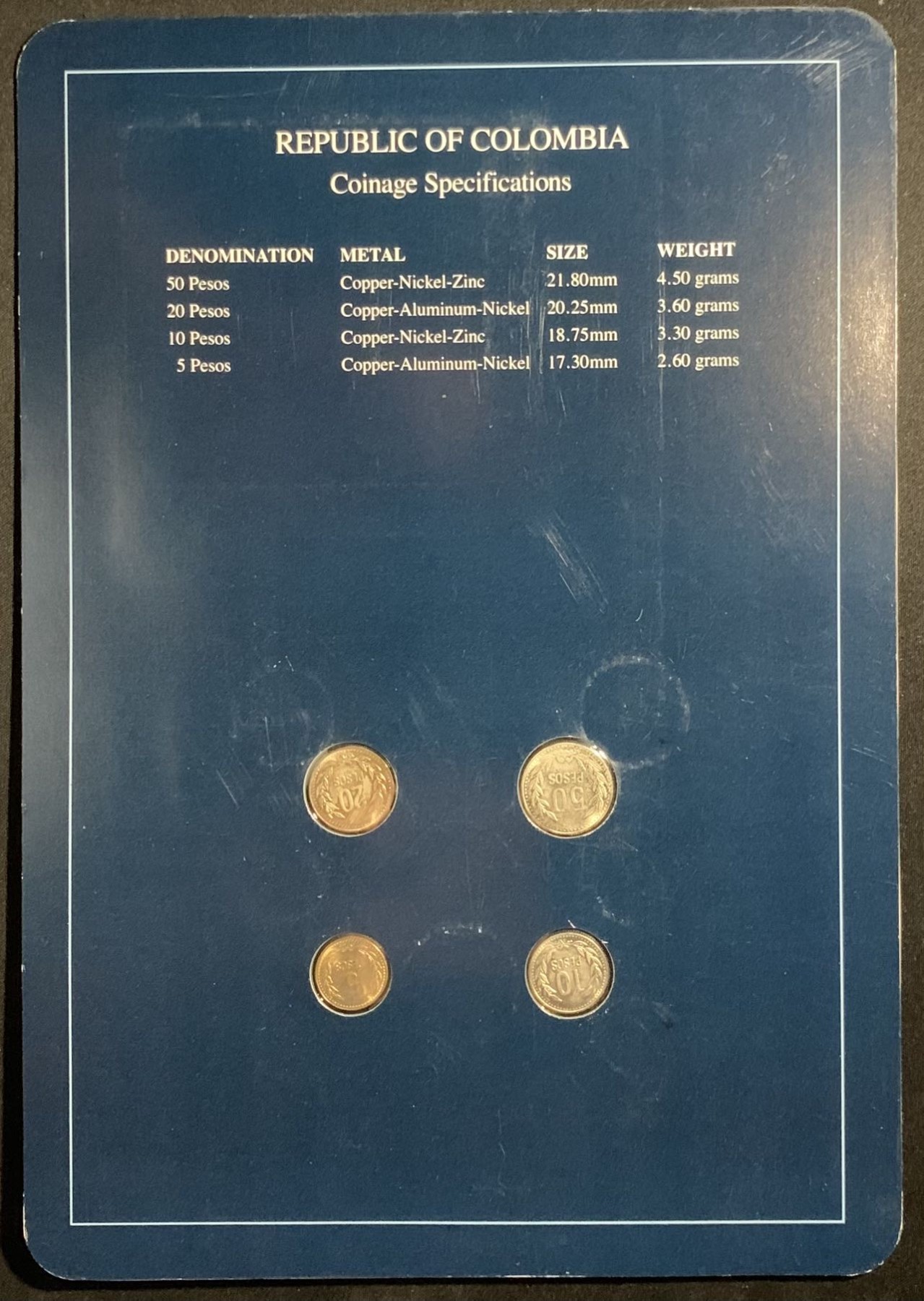 紫瑗钱币——第294期拍卖 哥伦比亚 富兰克林卡装 5—50比索 4枚全套 UNC