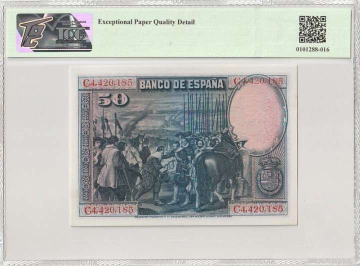 收藏联盟Quantum Auction 第281期拍卖  西班牙1928年50比塞塔 TQG66 标注为EPQD(原始纸张有瑕疵)