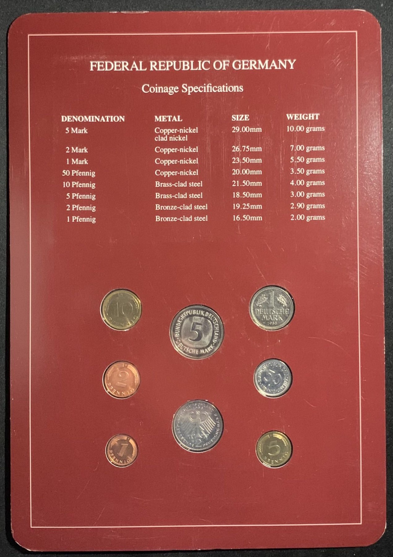 紫瑗钱币——第324期拍卖 联邦德国 富兰克林 1芬尼—5马克 8枚全套 UNC