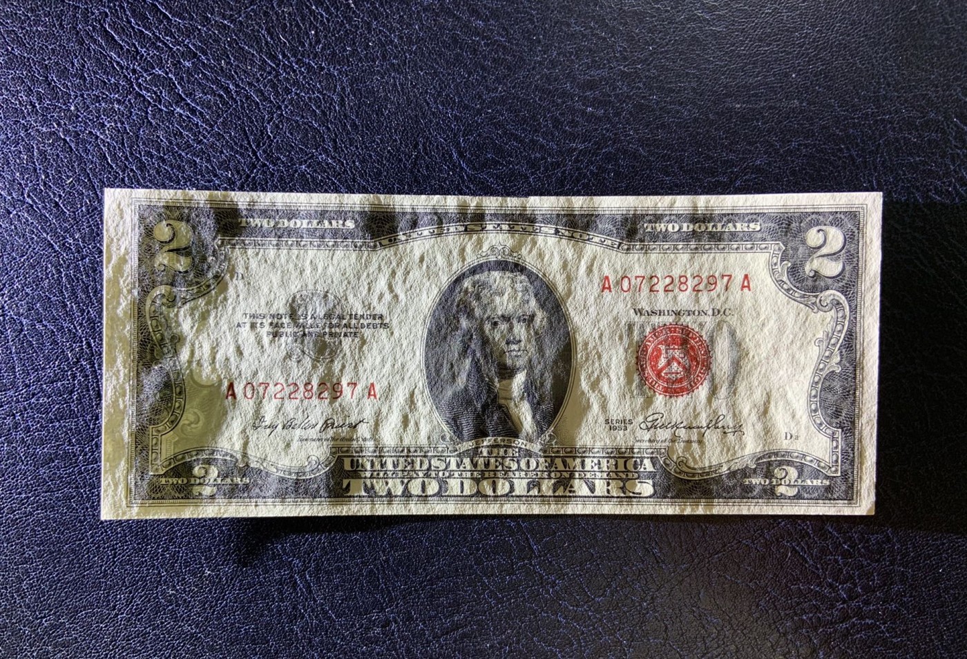 收藏联盟Quantum Auction 第280期拍卖  美国1953年政府券2元 品相UNC AA冠号码无4  上边缘黑线为原始印刷分界线残留