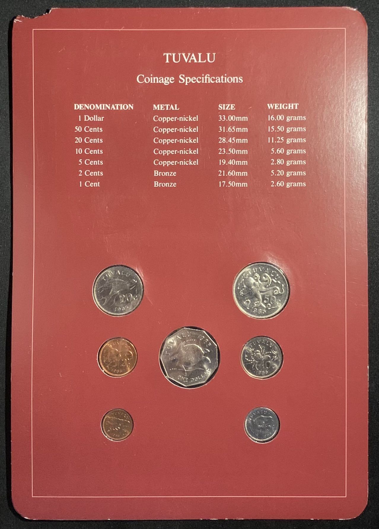 紫瑗钱币——第294期拍卖 图瓦卢 富兰克林卡装 1分—1元 7枚全套 UNC