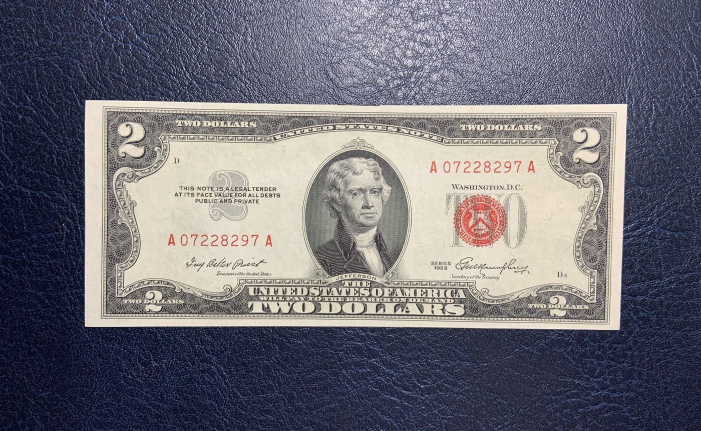 收藏联盟Quantum Auction 第280期拍卖  美国1953年政府券2元 品相UNC AA冠号码无4  上边缘黑线为原始印刷分界线残留