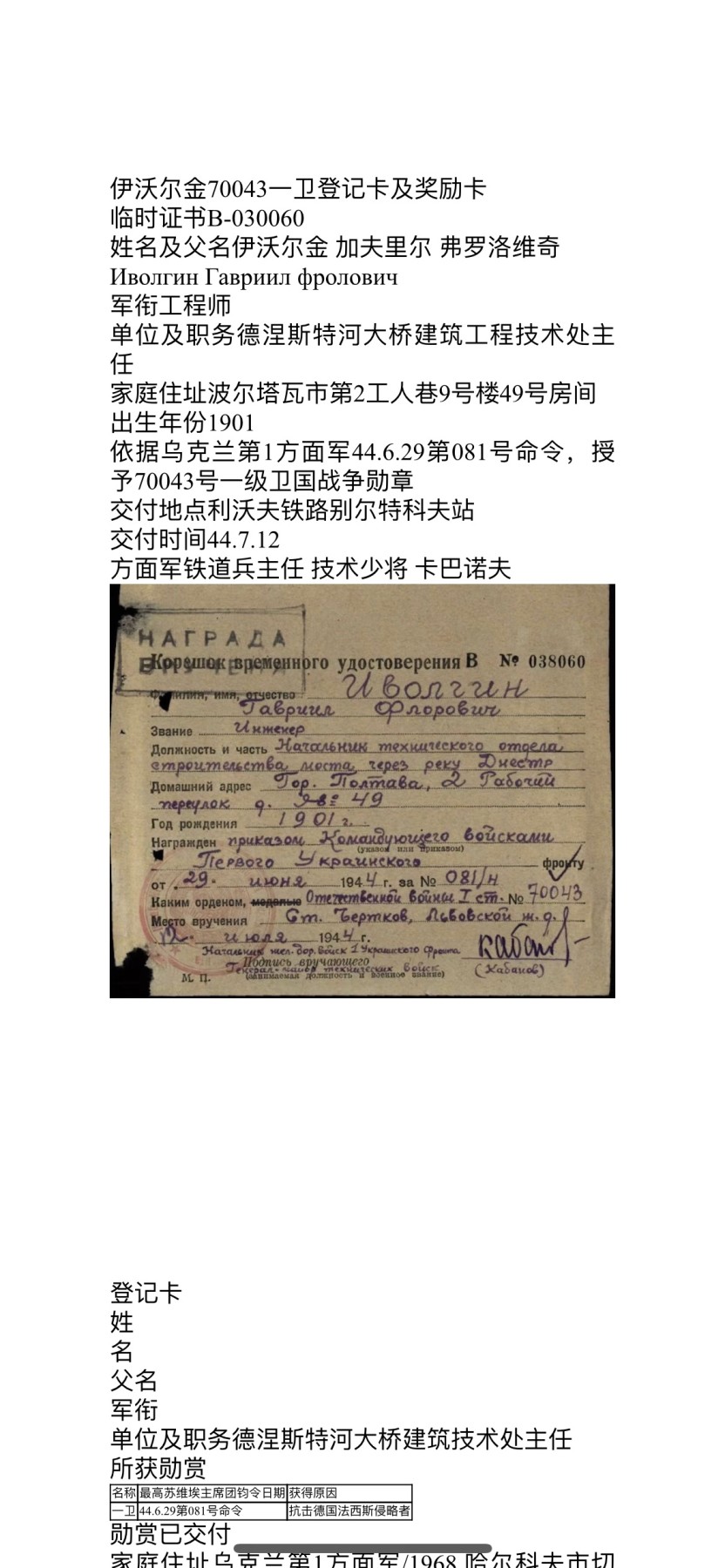 大猫徽章拍卖第230期 苏联43一卫2⃣️ 补发版 稀少 档案齐全 稀少民事类带奖励卡事迹