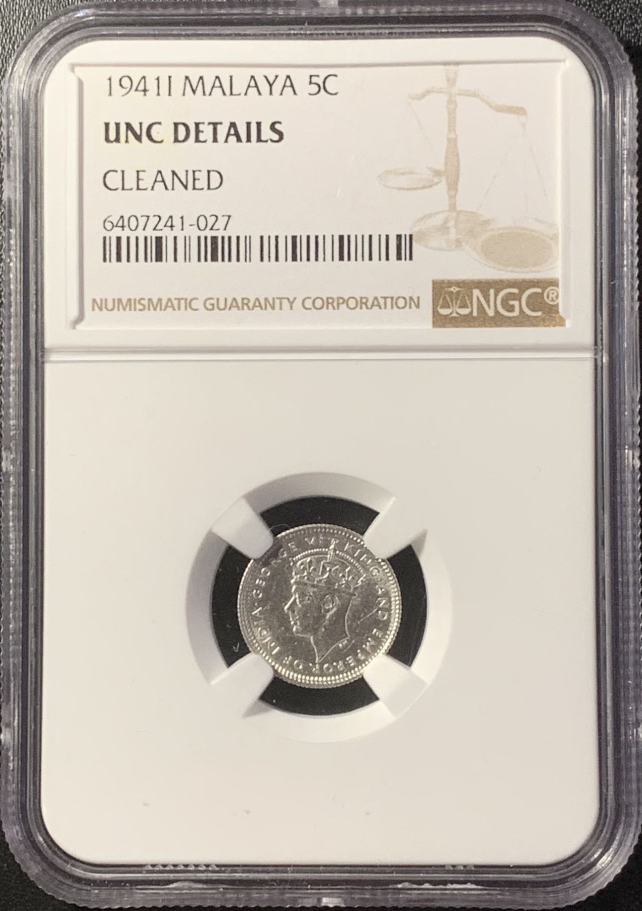 紫瑗钱币——第294期拍卖 马来亚 1941年 i版 乔治六世 5分 银币 NGC UNC