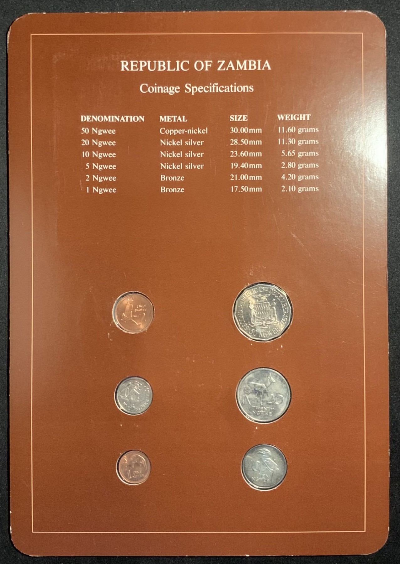 紫瑗钱币——第294期拍卖 赞比亚 富兰克林卡装 1—50恩韦 6枚全套 UNC