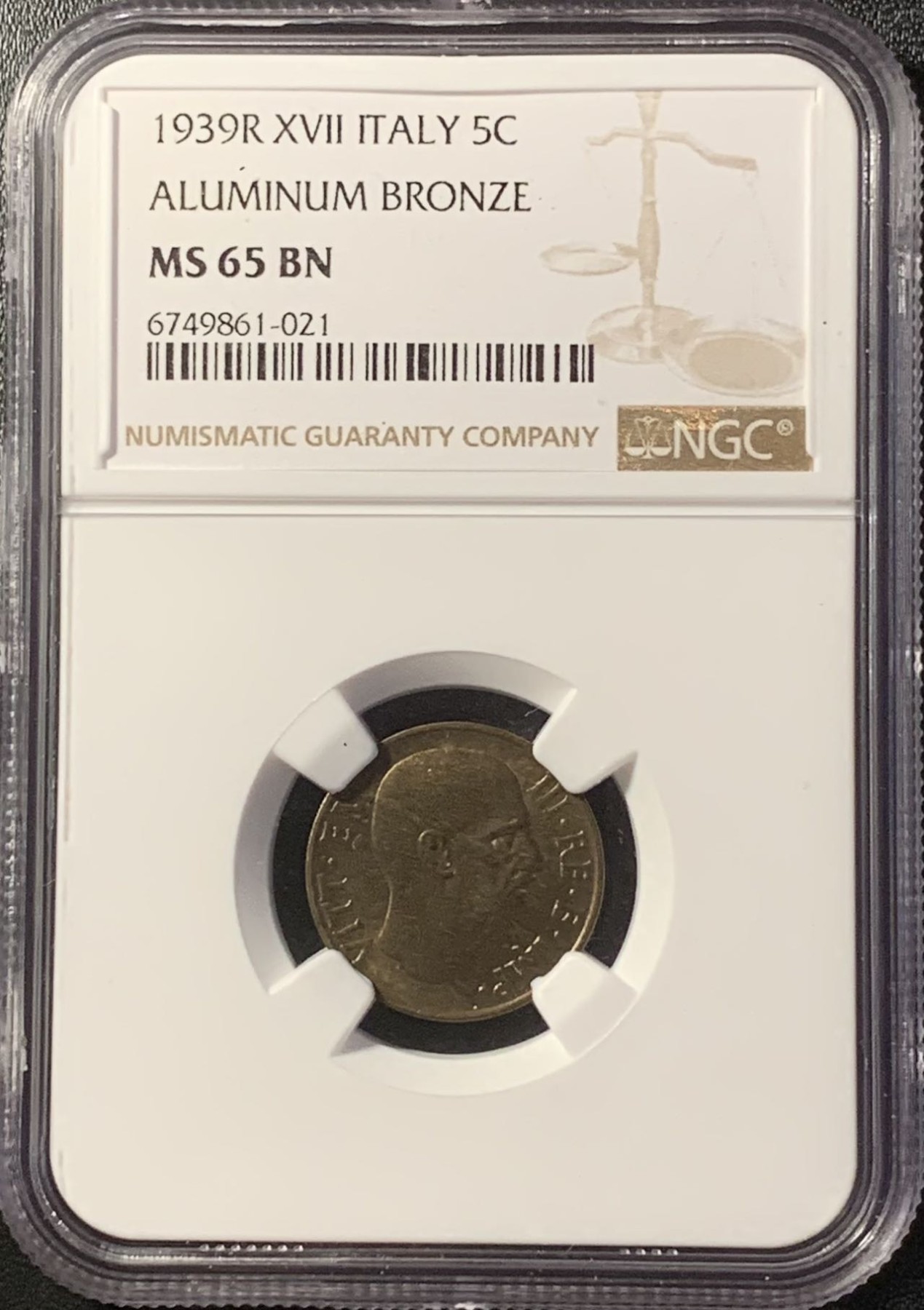 紫瑗钱币——第294期拍卖 意大利 1939年 伊曼纽尔三世 5分 铜币 NGC MS65 BN