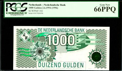 【Blue Auction】✨世界纸币精拍第359期【精】 - 荷兰 1994年1000盾 大齿轮 PCGS66EPQ绿标 品质无忧 非常漂亮 