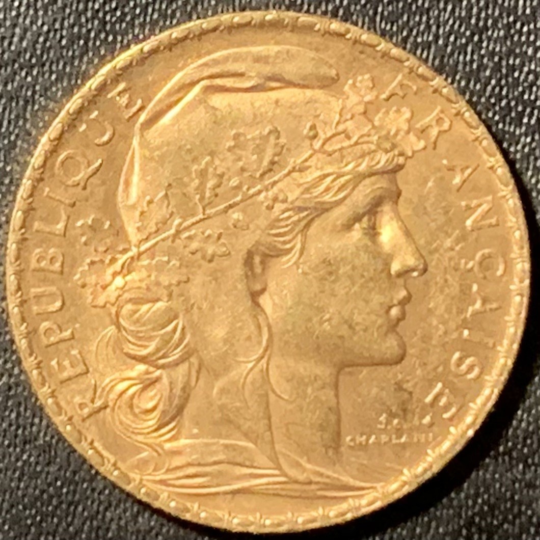 紫瑗钱币——第294期拍卖 法国 1905年 玛丽安娜 公鸡 20法郎 6.45克 0.9金 UNC