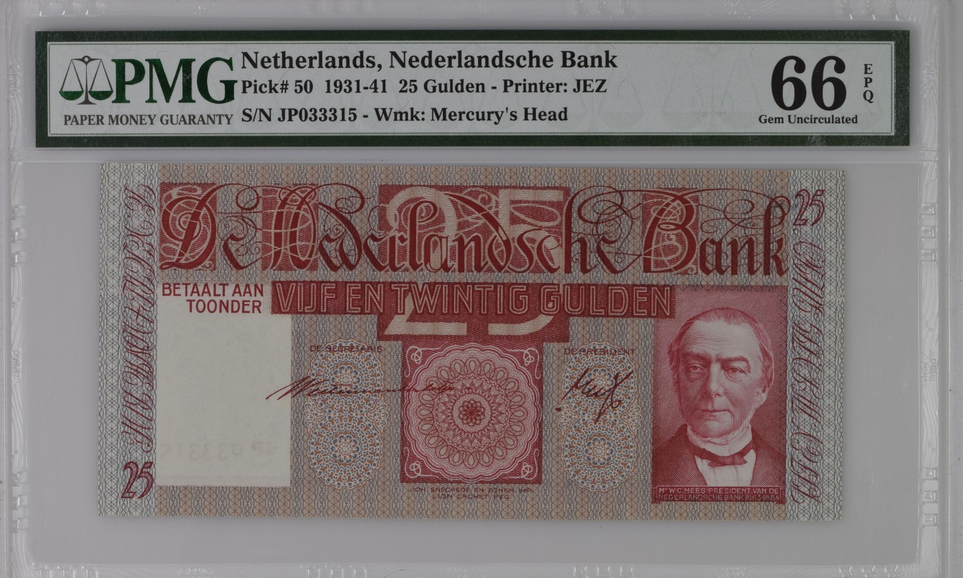 收藏联盟Quantum Auction 第281期拍卖  荷兰1931-41年25盾 PMG66 