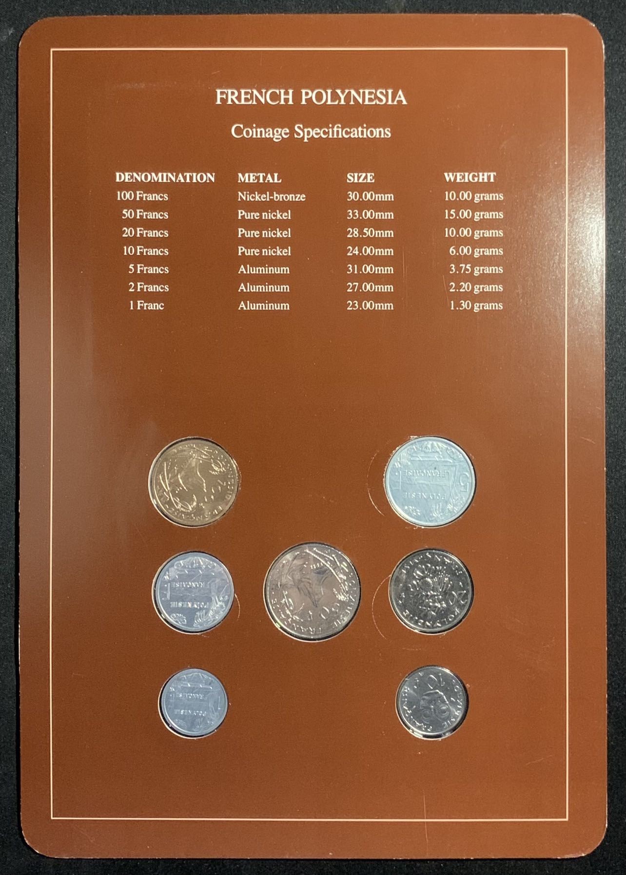 紫瑗钱币——第294期拍卖 法属波利尼西亚 富兰克林卡装 1—100法郎 7枚全套 UNC