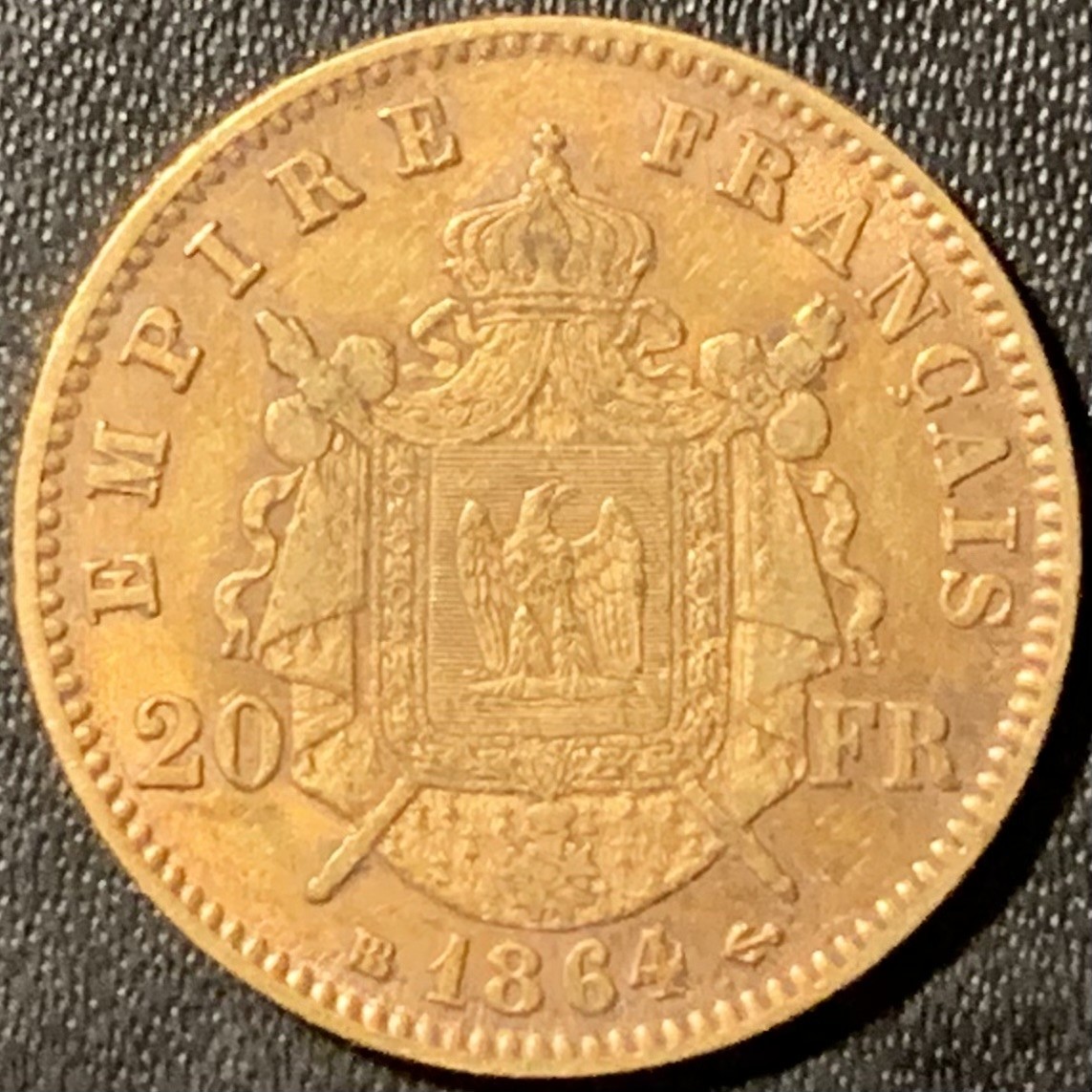 紫瑗钱币——第294期拍卖 法国 1864年 BB版 拿破仑三世 花冠 20法郎 6.45克 0.9金
