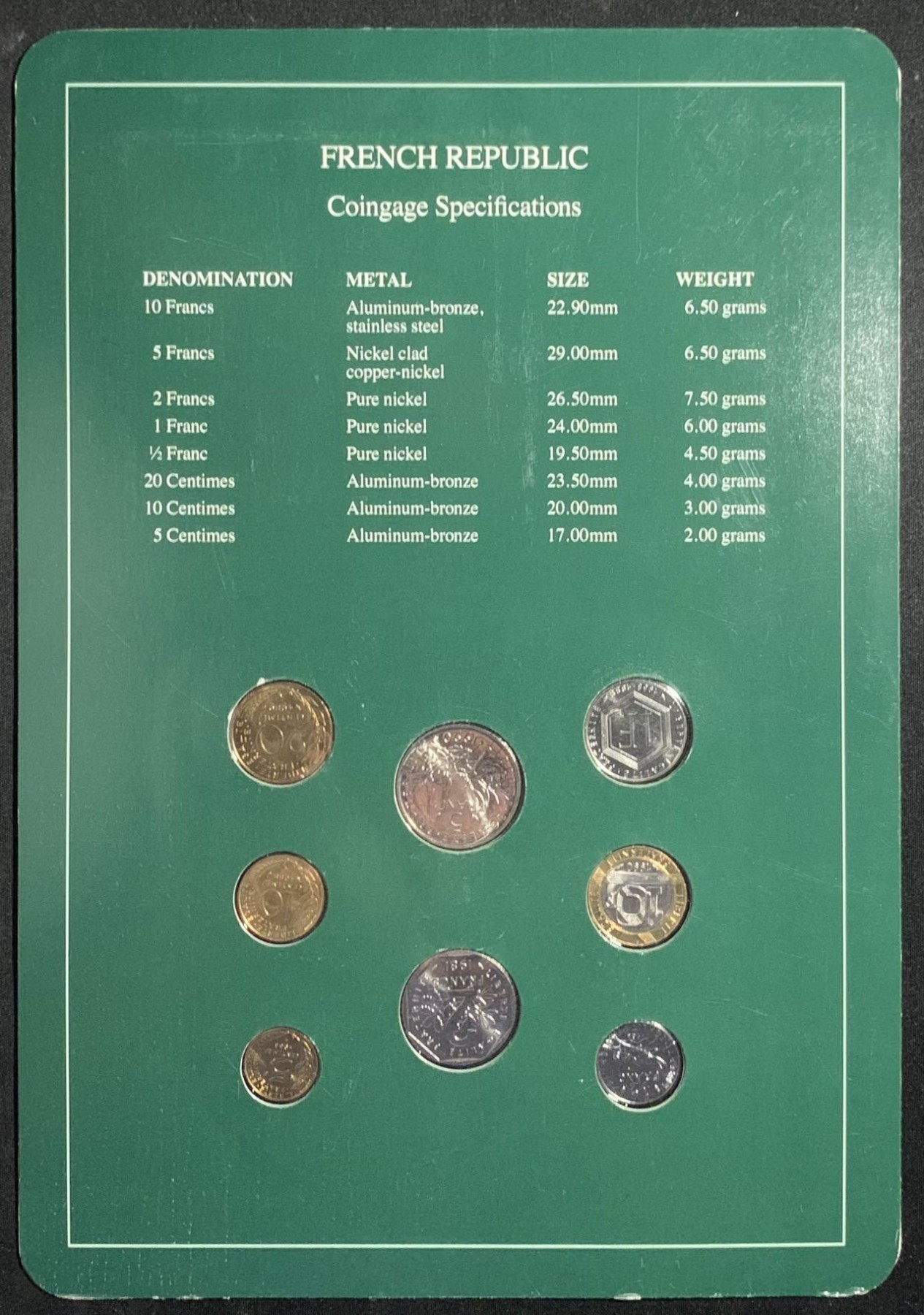 紫瑗钱币——第294期拍卖 法国 富兰克林卡装 5生丁—10法郎 8枚全套 UNC