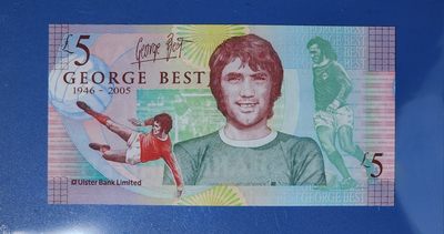 港、澳、台、中外钞、流水签、机签、箱包单、靓号专场第25期 - 北爱尔兰2006年 5 镑 球星乔治贝斯特纪念钞 豹子号 GB455888 UNC一张/如图