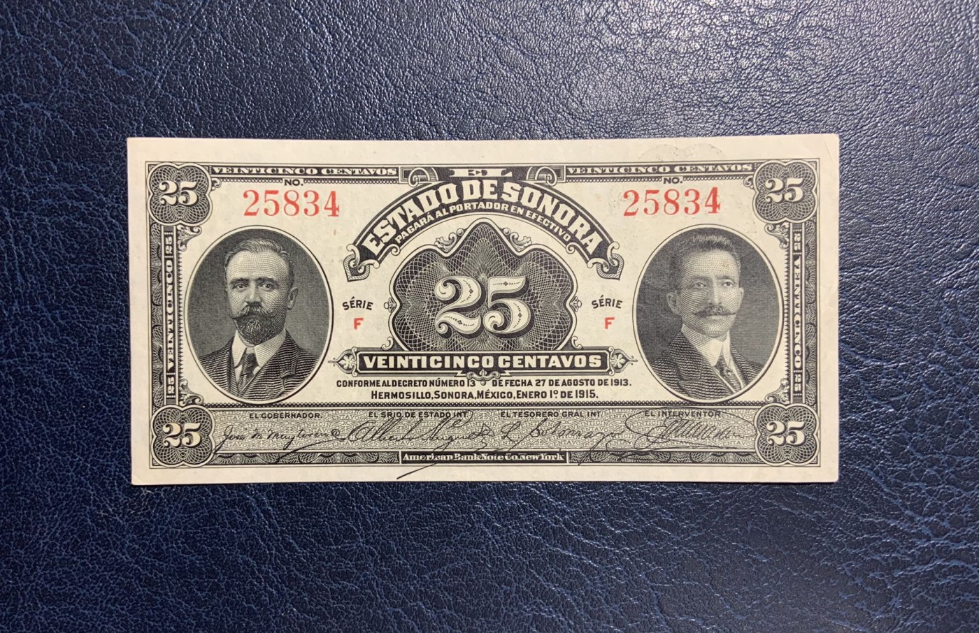 收藏联盟Quantum Auction 第281期拍卖  墨西哥1913年25分 品相UNC- 短号序列 乱蛇号 