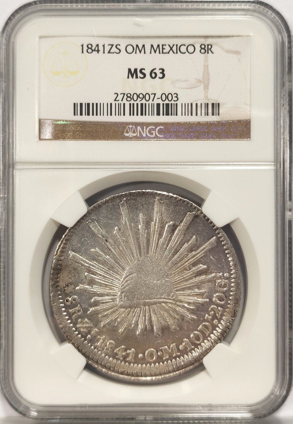 博洋堂“纯白金之夜”精品专场暨第039期（全场包邮） NGC MS63 墨西哥1841年ZS OM版早期花边8R鹰洋，NGC记录第二名，MS仅12枚