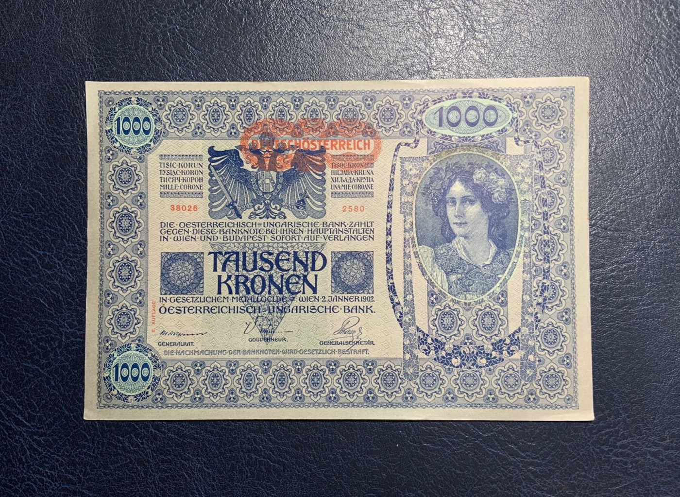 收藏联盟Quantum Auction 第281期拍卖  奥匈帝国1902年1000克朗加盖奥地利 品相UNC- 大票幅 号码全程无47