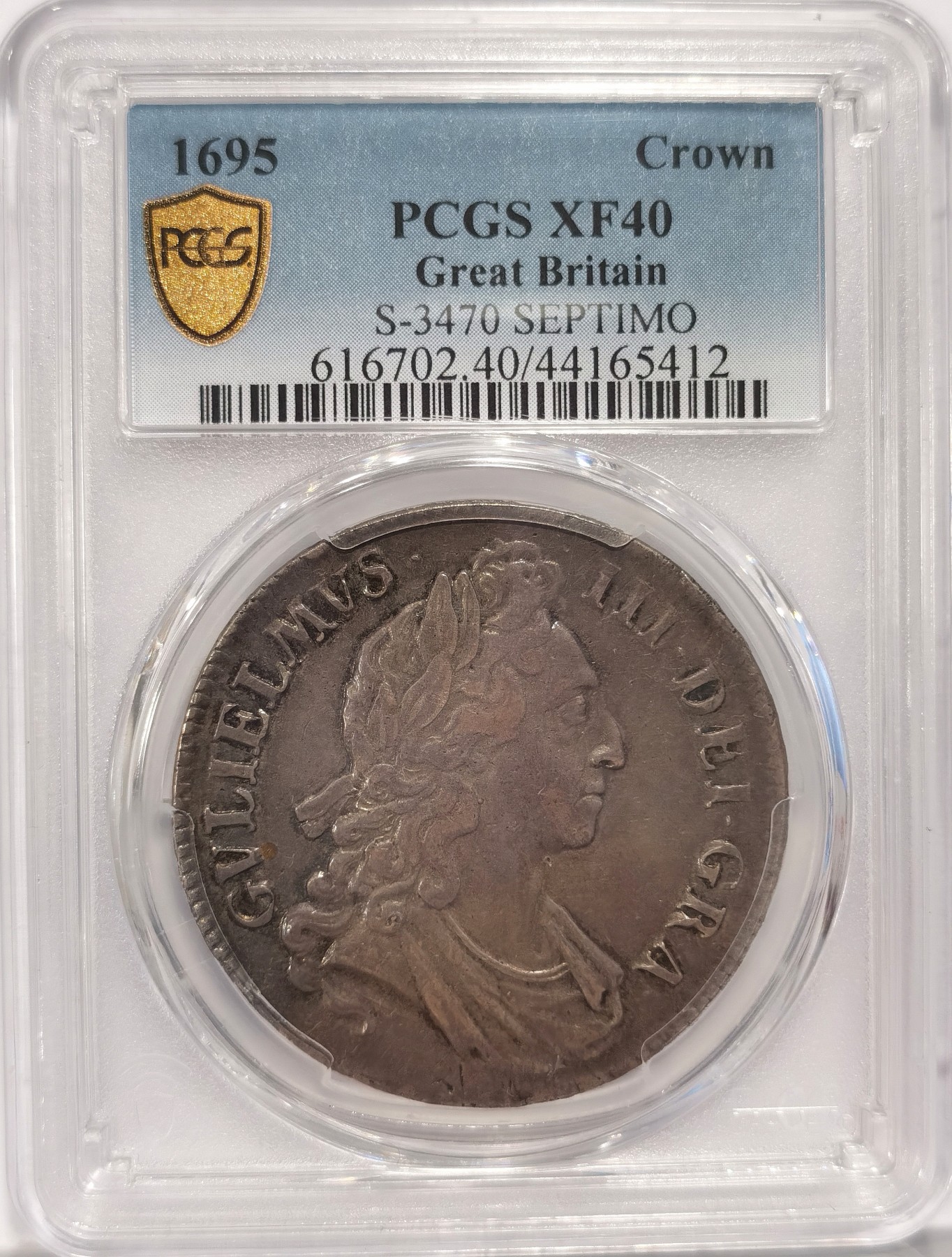 博洋堂“纯白金之夜”精品专场暨第039期（全场包邮） PCGS XF40 英国1695年威廉三世1克朗大银币，原味带彩难得