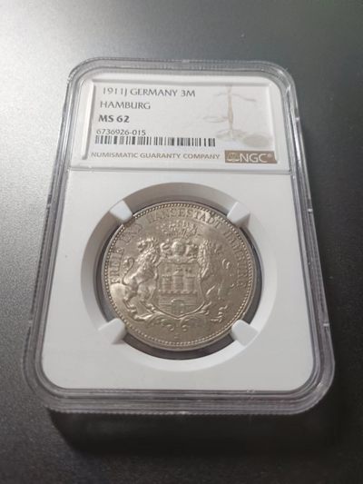 银币换藏，欢迎出价参拍 - 1911年J版汉堡3马克银币，ngc评级ms62分，转光好品