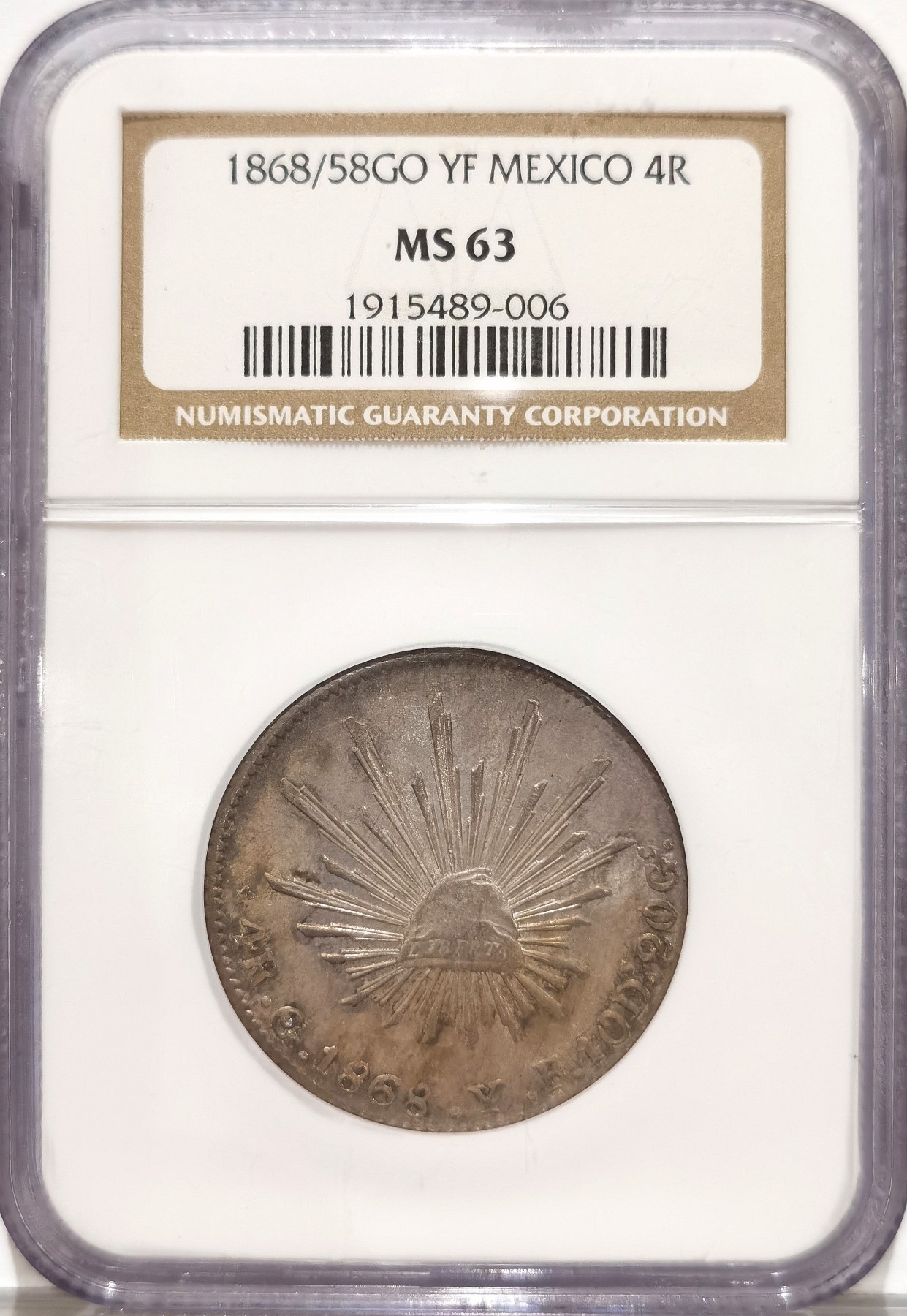 博洋堂“纯白金之夜”精品专场暨第039期（全场包邮） NGC MS63 墨西哥1868/58年GO YF版4R鹰洋，4R难度远胜8R，顶级高分，N记所有年份墨西哥4R鹰洋超过MS63的全球仅有16枚！