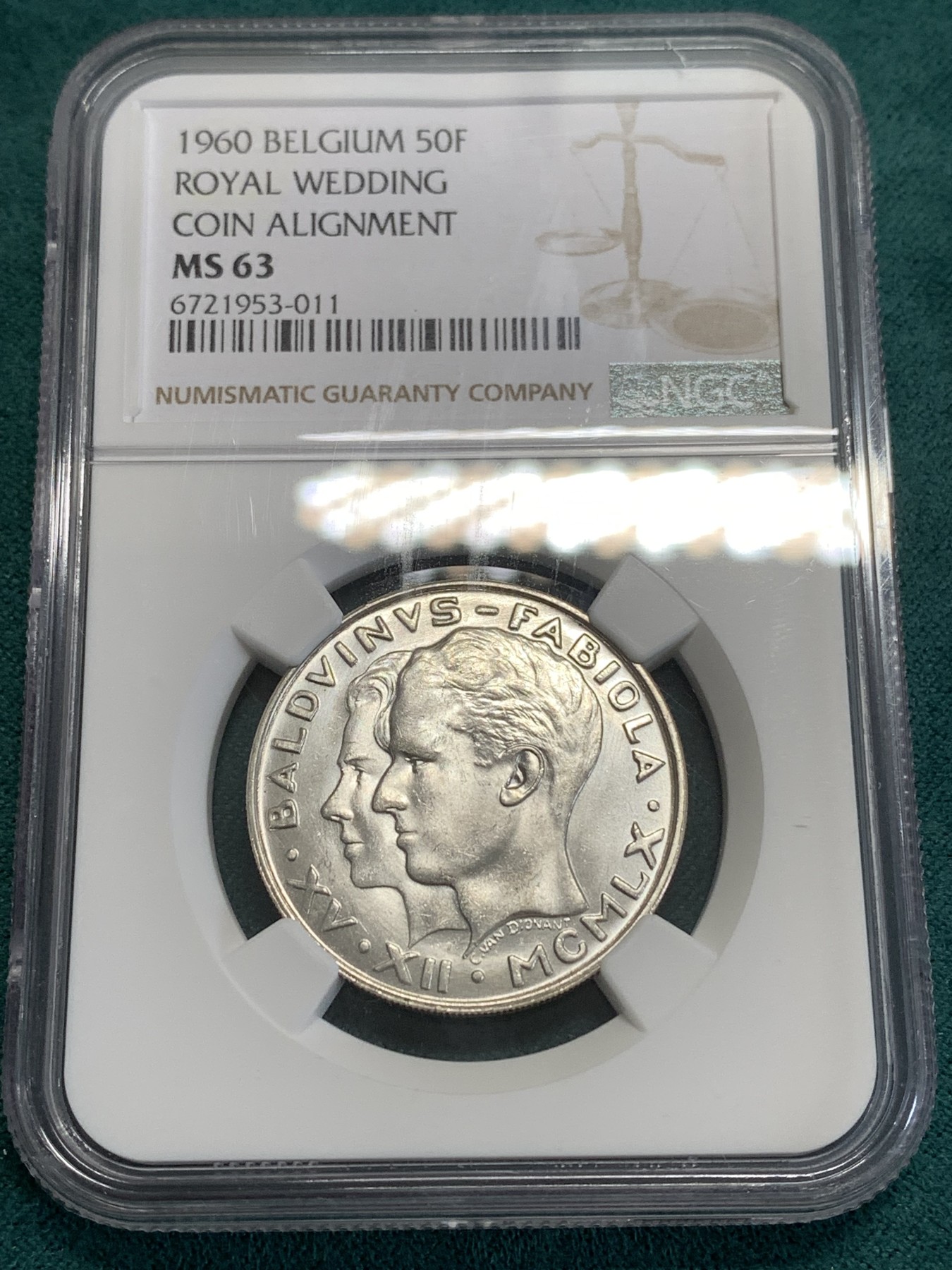 《竞宝斋》第189场-周日，周一 2场 (全场包邮) NGC MS63 比利时1960年五任国王博杜安一世结婚纪念50法郎银币