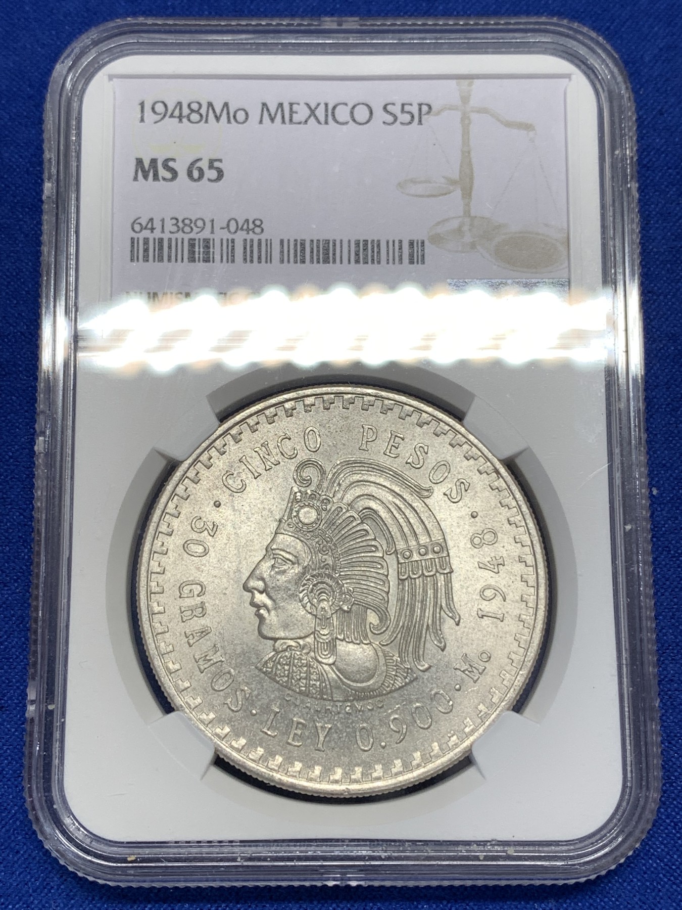 《竞宝斋》第189场-周日，周一 2场 (全场包邮) NGC-MS65 墨西哥1948年印第安人头像5比索大银币