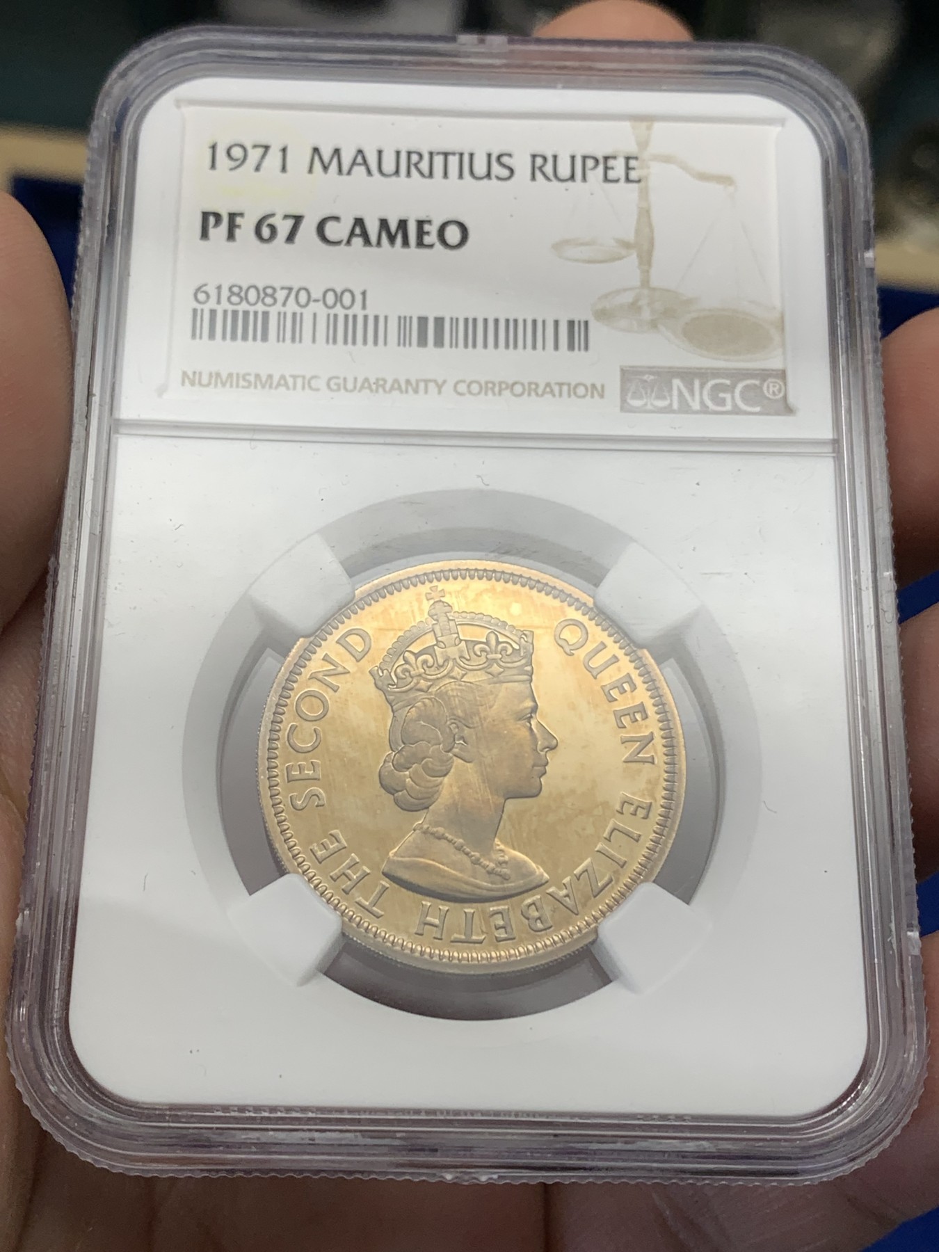 《竞宝斋》第189场-周日，周一 2场 (全场包邮) NGC PF67CAMEO 毛里求斯1971年1卢比精制镍币