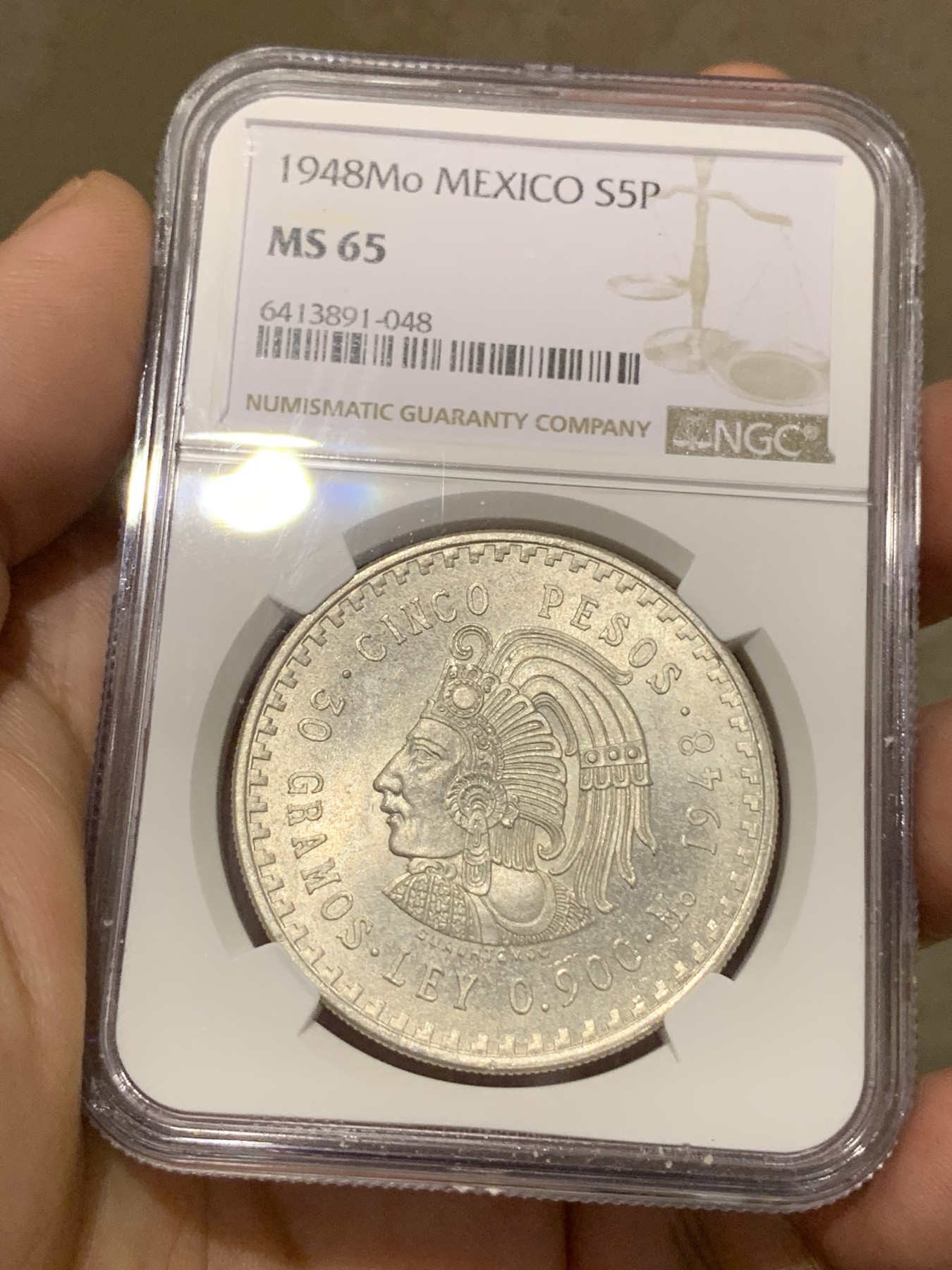 《竞宝斋》第189场-周日，周一 2场 (全场包邮) NGC-MS65 墨西哥1948年印第安人头像5比索大银币