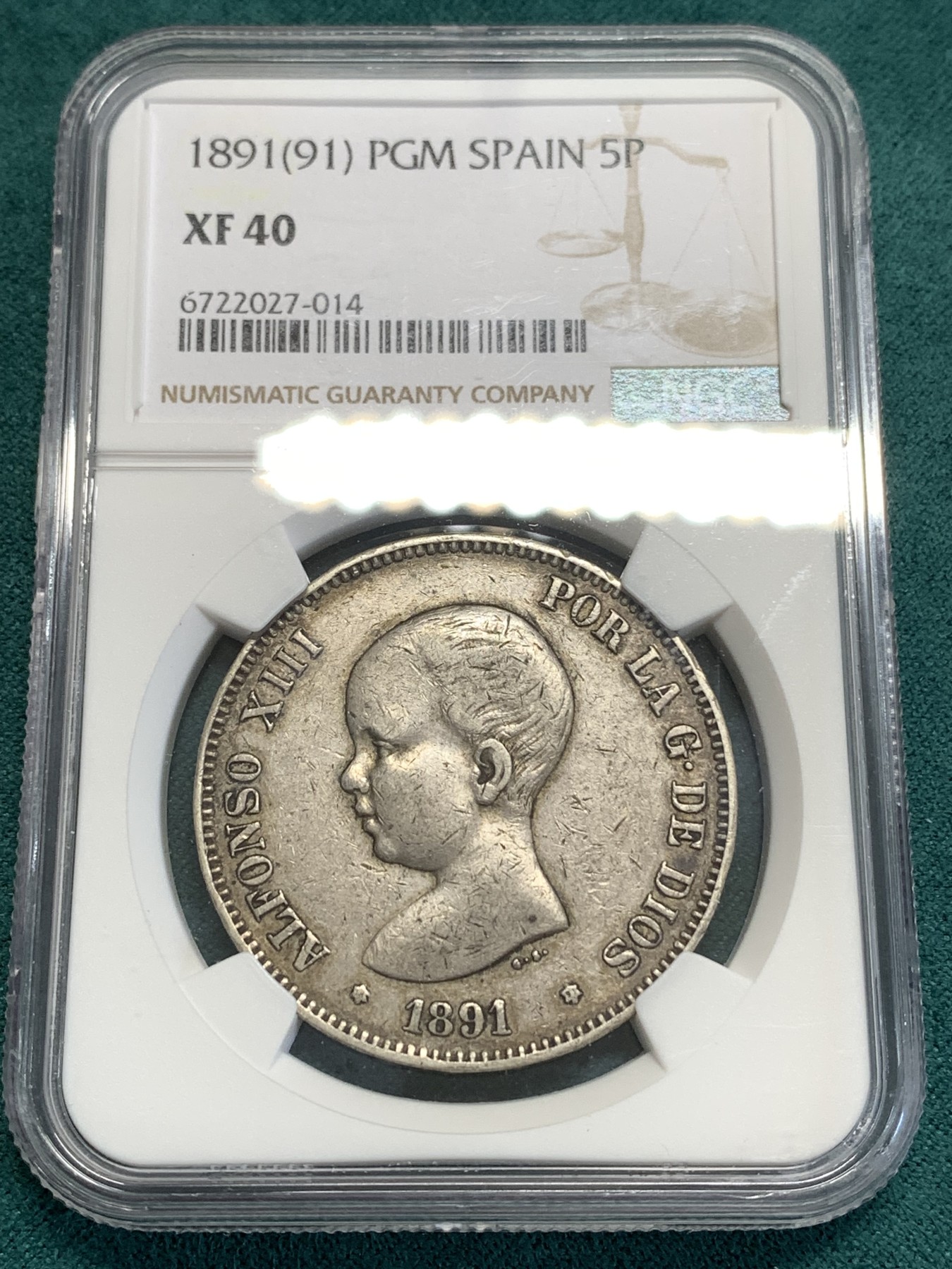 《竞宝斋》第189场-周日，周一 2场 (全场包邮) NGC-XF40 西班牙1891年 阿方索十三世 5比塞塔双柱大银币 状态好