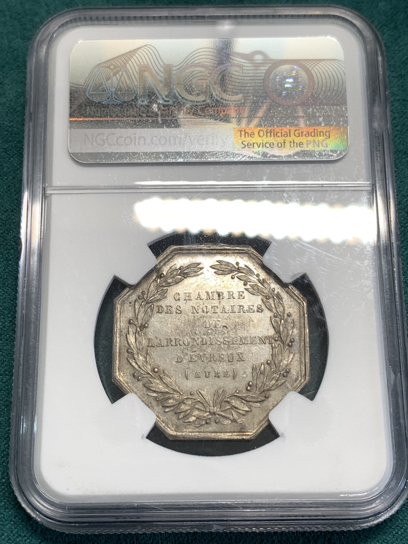 《竞宝斋》第189场-周日，周一 2场 (全场包邮) NGC-MS61 法国公正女神 八角代币银章 19世纪 浮雕优美 包浆深邃