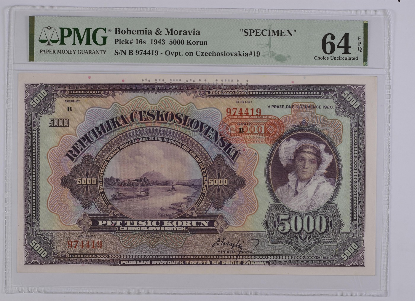乐淘淘纸币精选 第15期 周五周六连拍第二场 【B 974419】波西米亚1943年纸币 5000克朗 样钞 大票幅 PMG64EPQ