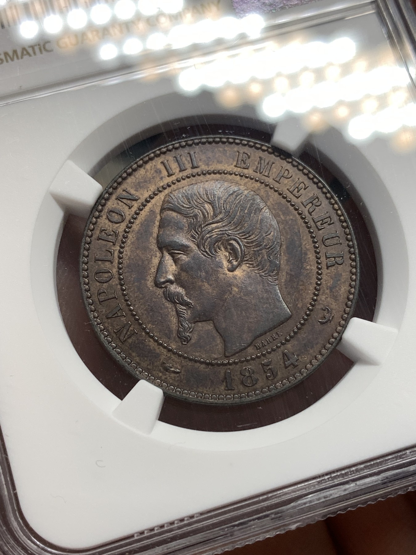 《竞宝斋》第189场-周日，周一 2场 (全场包邮) NGC AU58BN 法国1854 A 拿破仑三世 10分 铜样币 ，拿三样币太少见了