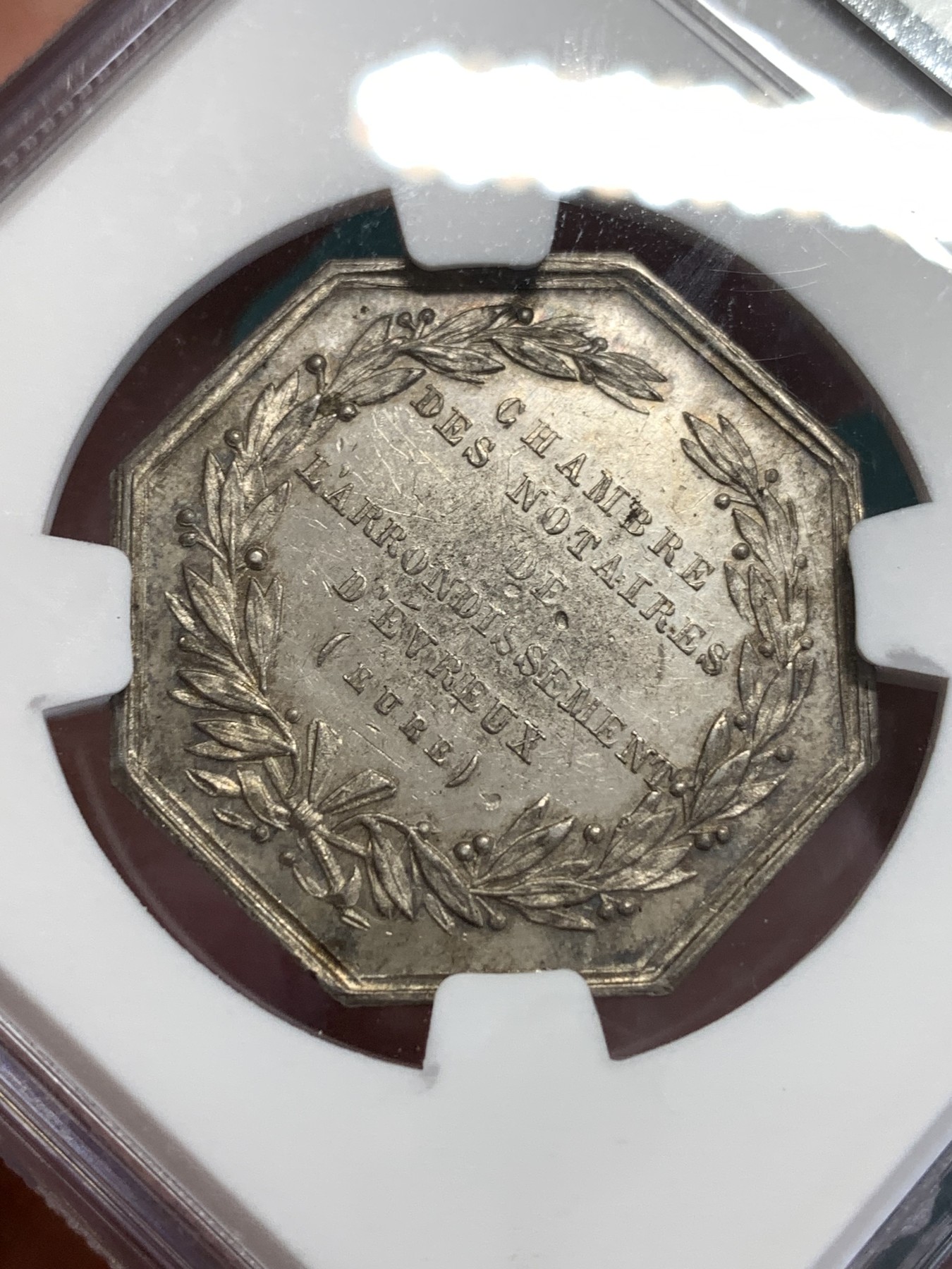 《竞宝斋》第189场-周日，周一 2场 (全场包邮) NGC-MS61 法国公正女神 八角代币银章 19世纪 浮雕优美 包浆深邃