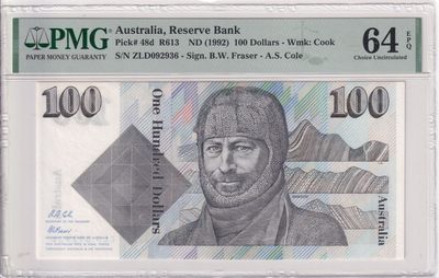 乐淘淘纸币精选 第14期 周五周六连拍第一场 - 【ZLD092936】澳大利亚1992年纸币 100元 毛线帽 号码无47 PMG64EPQ