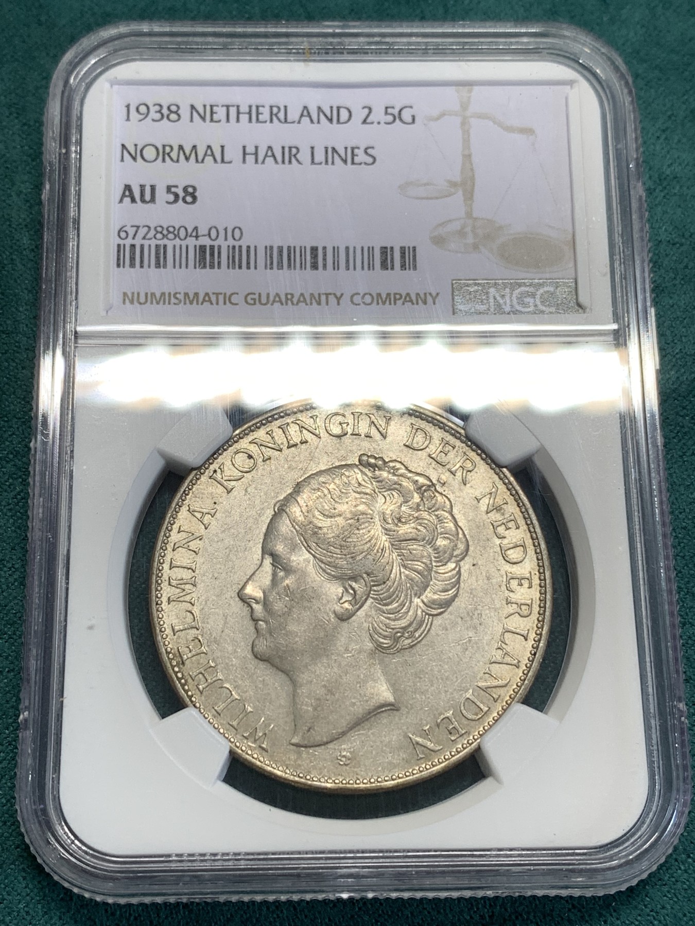 《竞宝斋》第189场-周日，周一 2场 (全场包邮) NGC AU58 荷兰1938年威廉明娜2.5盾大银币