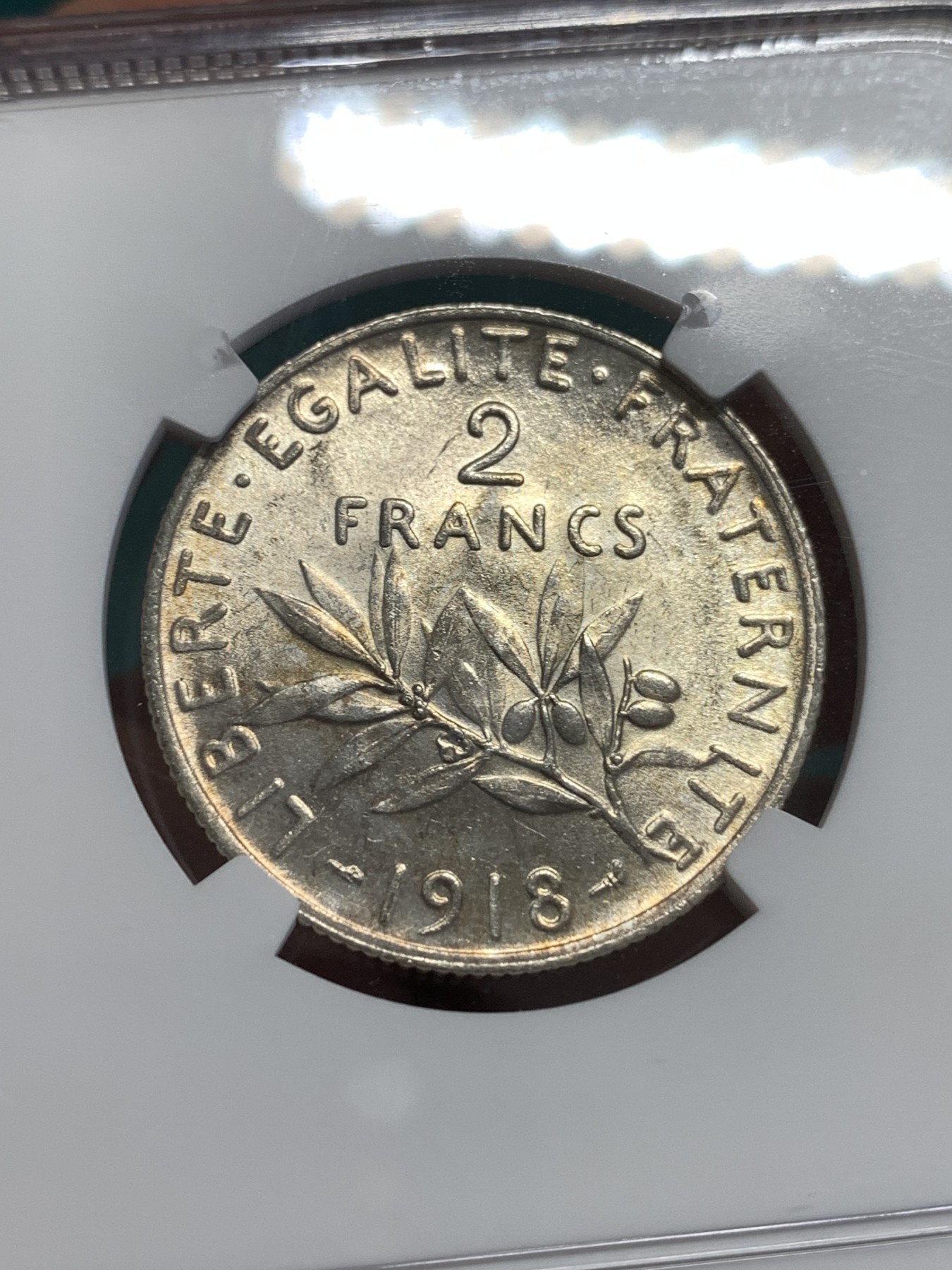 《竞宝斋》第189场-周日，周一 2场 (全场包邮) NGC-MS61 法国 1918年 播种女神2法郎银币 低评