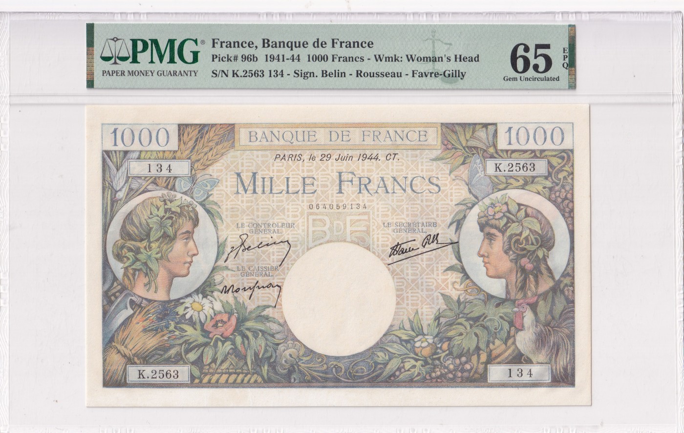 乐淘淘纸币精选 第15期 周五周六连拍第二场 【K.2563 134】法国1941-44年纸币 1000法郎 精美大票幅 PMG65EPQ 季军分