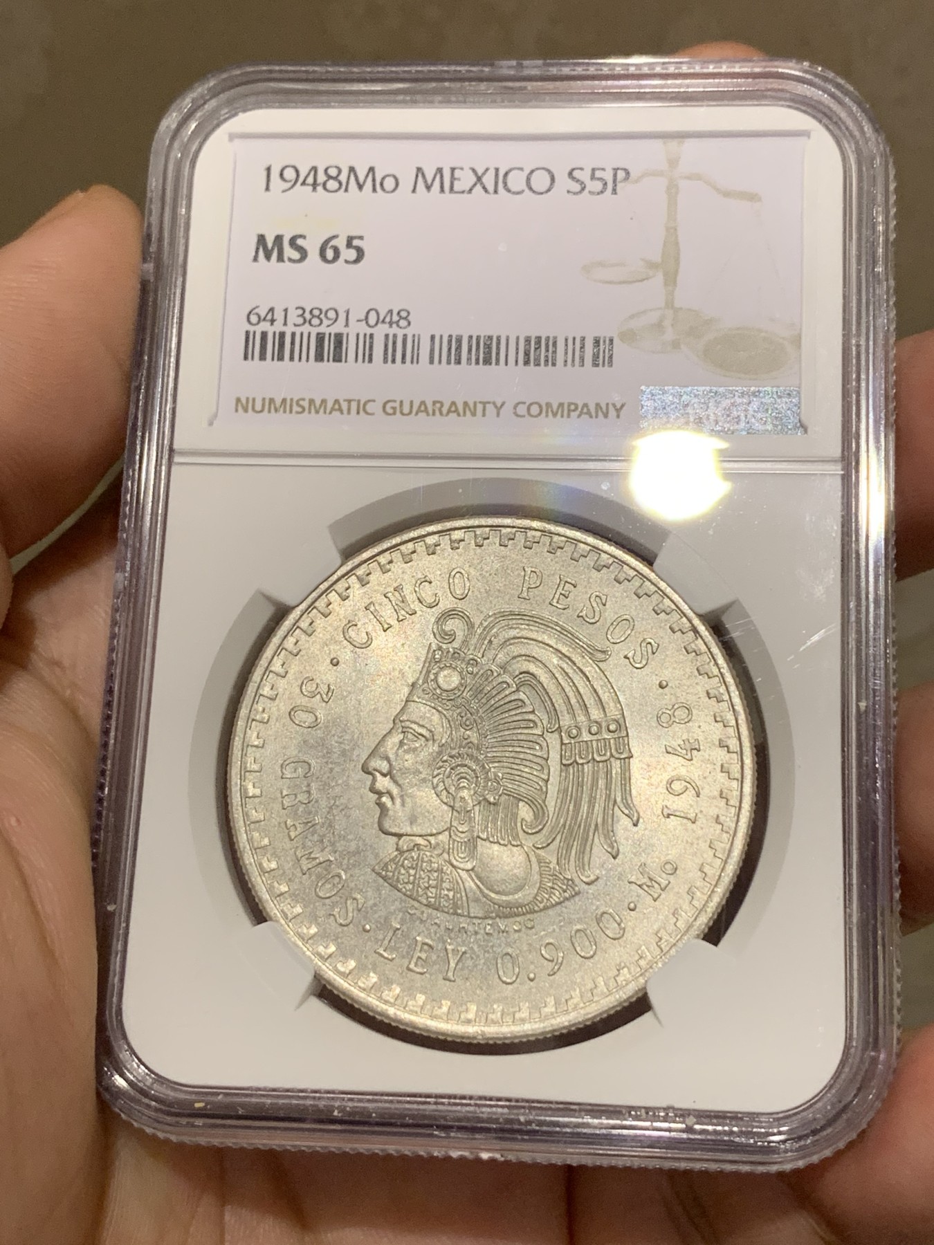 《竞宝斋》第189场-周日，周一 2场 (全场包邮) NGC-MS65 墨西哥1948年印第安人头像5比索大银币