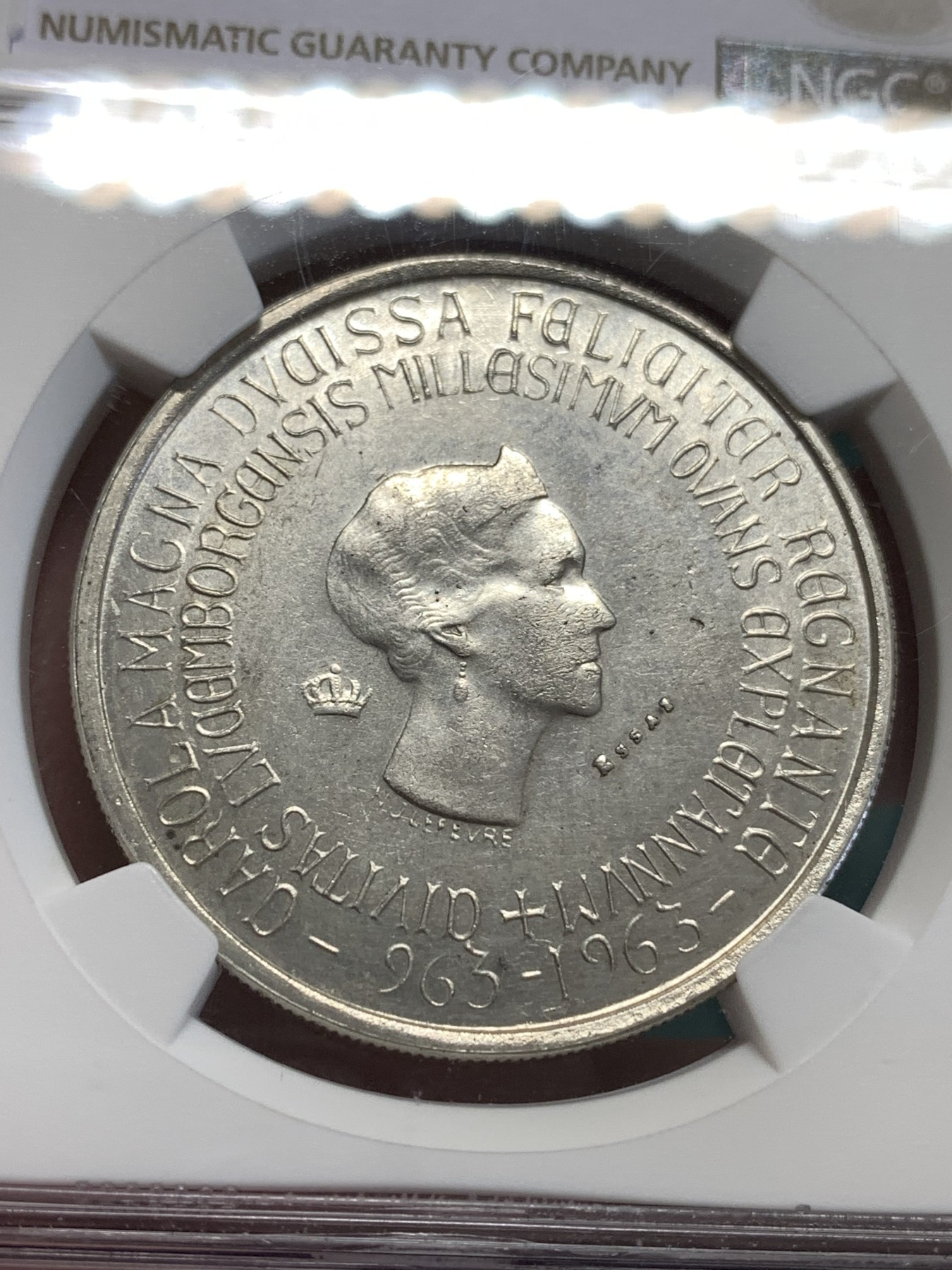 《竞宝斋》第189场-周日，周一 2场 (全场包邮) NGC-MS64  卢森堡1963年250法郎 卢森堡建城千年银样币 稀少样币