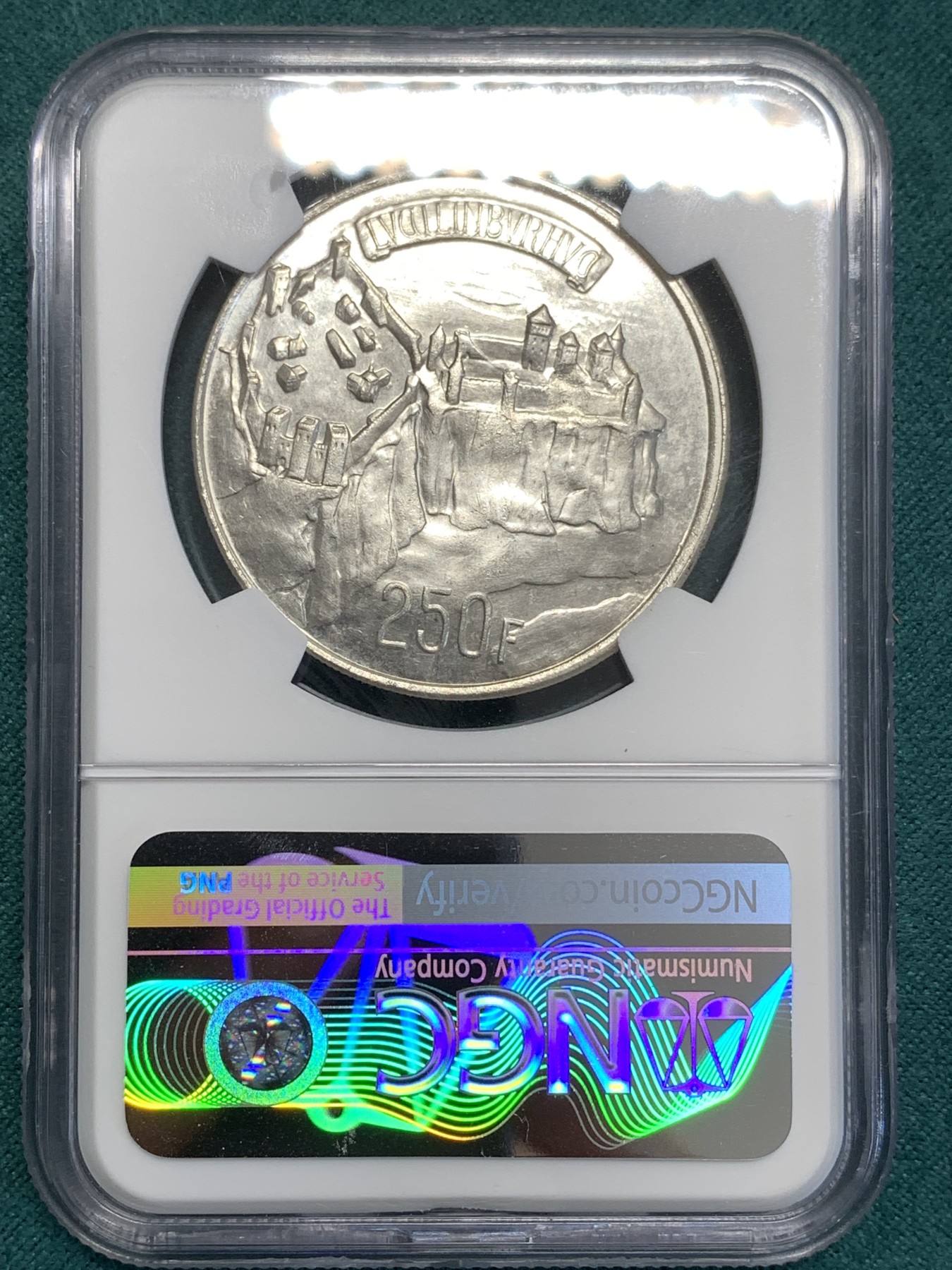 《竞宝斋》第189场-周日，周一 2场 (全场包邮) NGC-MS64  卢森堡1963年250法郎 卢森堡建城千年银样币 稀少样币