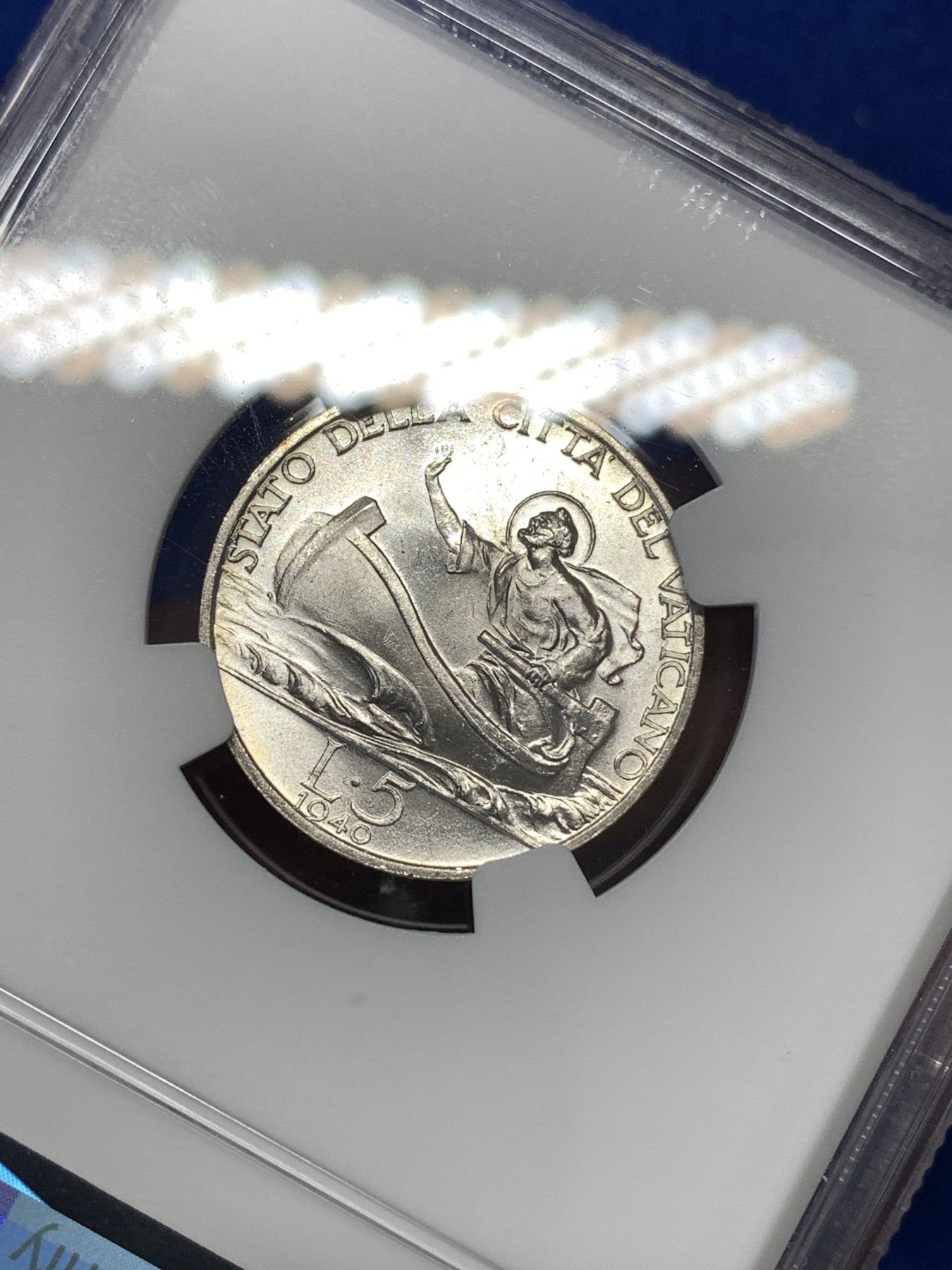 《竞宝斋》第189场-周日，周一 2场 (全场包邮) NGC-MS63 梵蒂冈 1940年 5里拉 划船银币 也很少见了