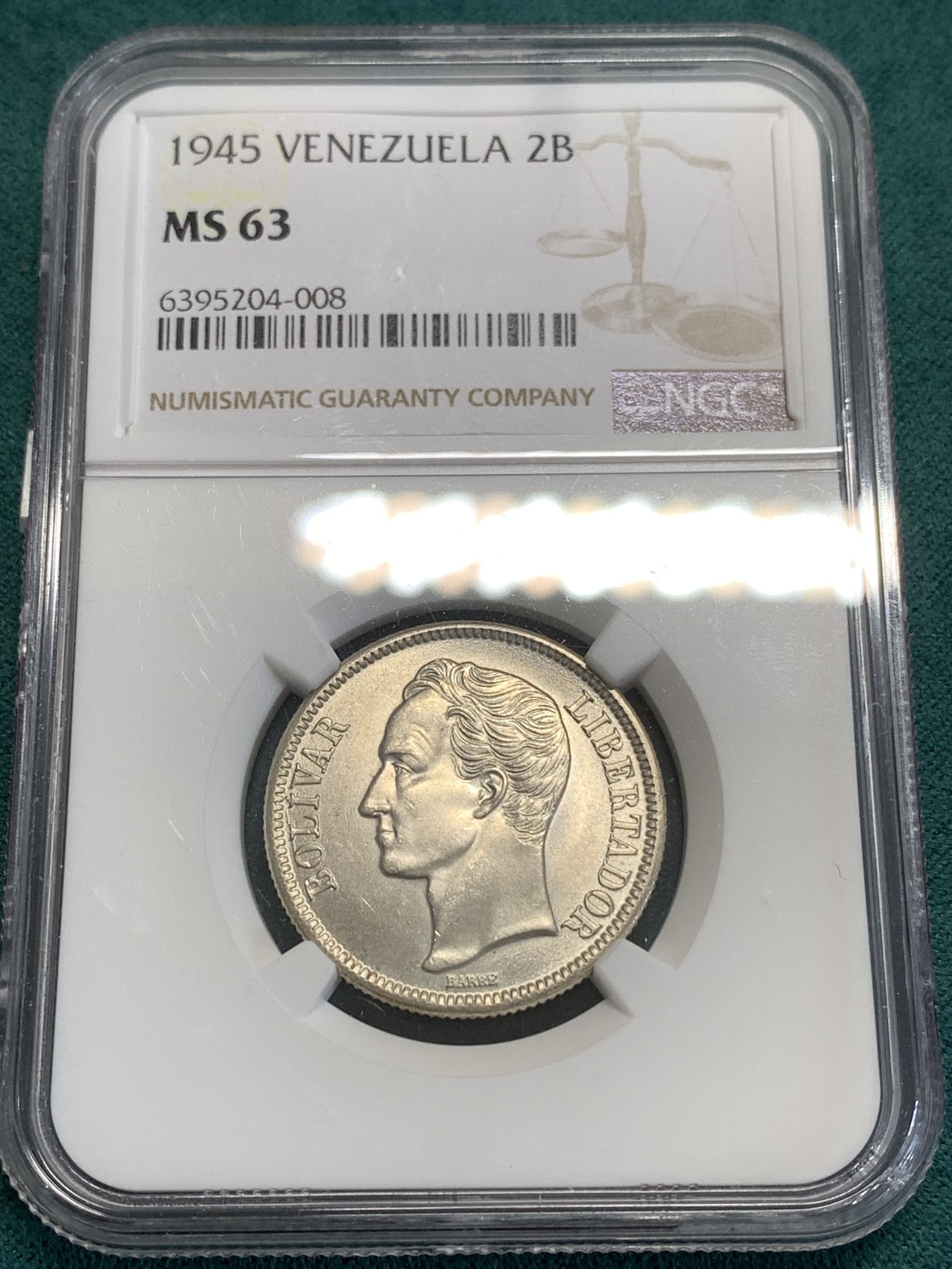 《竞宝斋》第189场-周日，周一 2场 (全场包邮) NGC-MS63 委内瑞拉1945 2玻利瓦尔银币 状态好几了